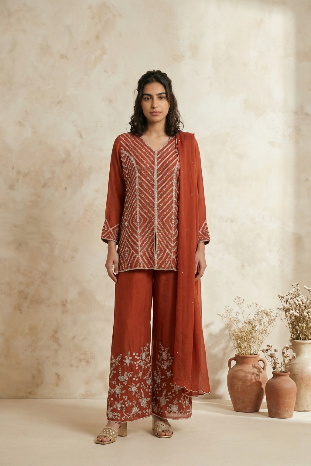 Rust Silk Palazzo Set with Hand Embroidery - Mokshaa