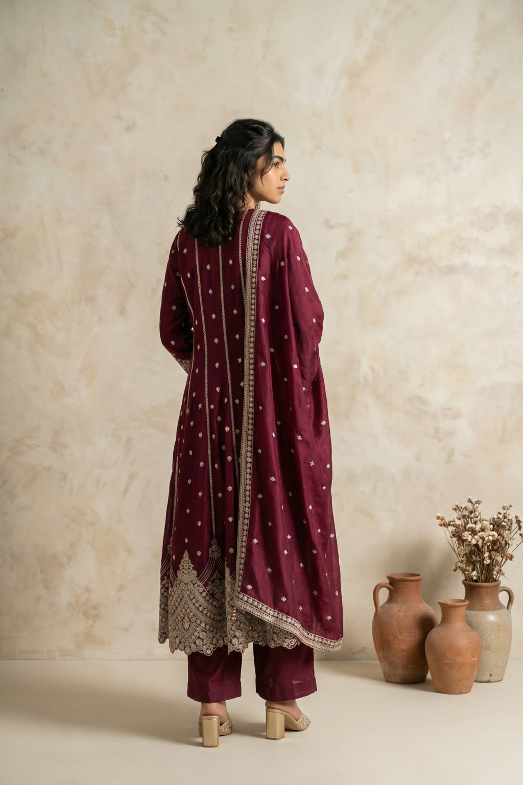 Maroon Silk Anarkali with Zari, Sequin & Kutdana Embroidery - Mokshaa