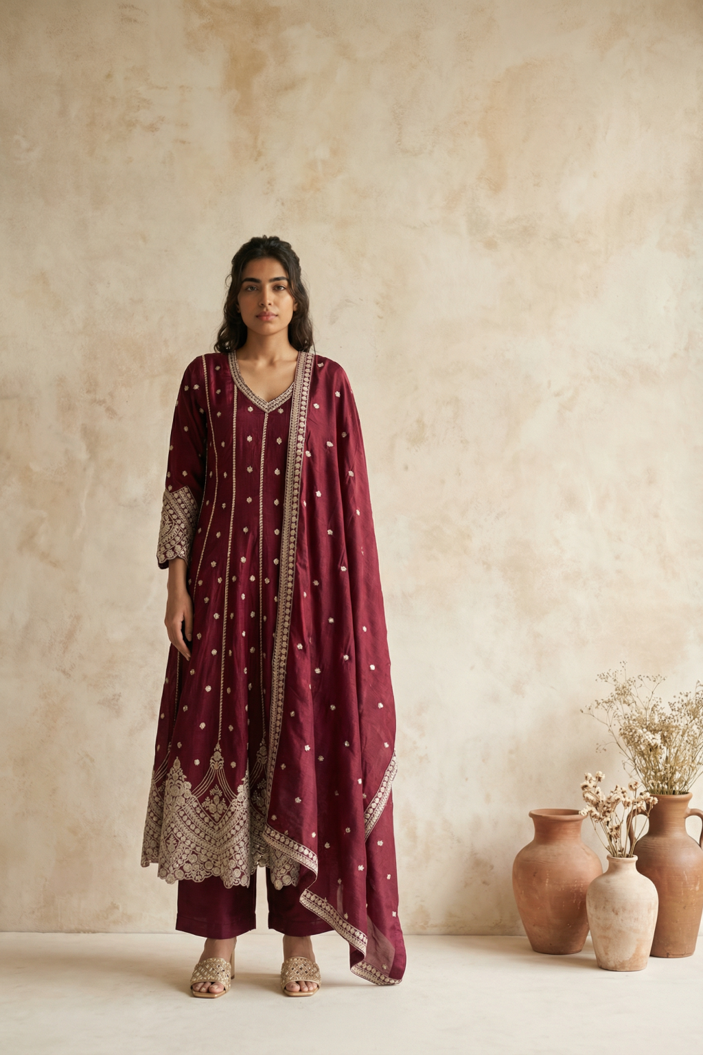 Maroon Silk Anarkali with Zari, Sequin & Kutdana Embroidery - Mokshaa