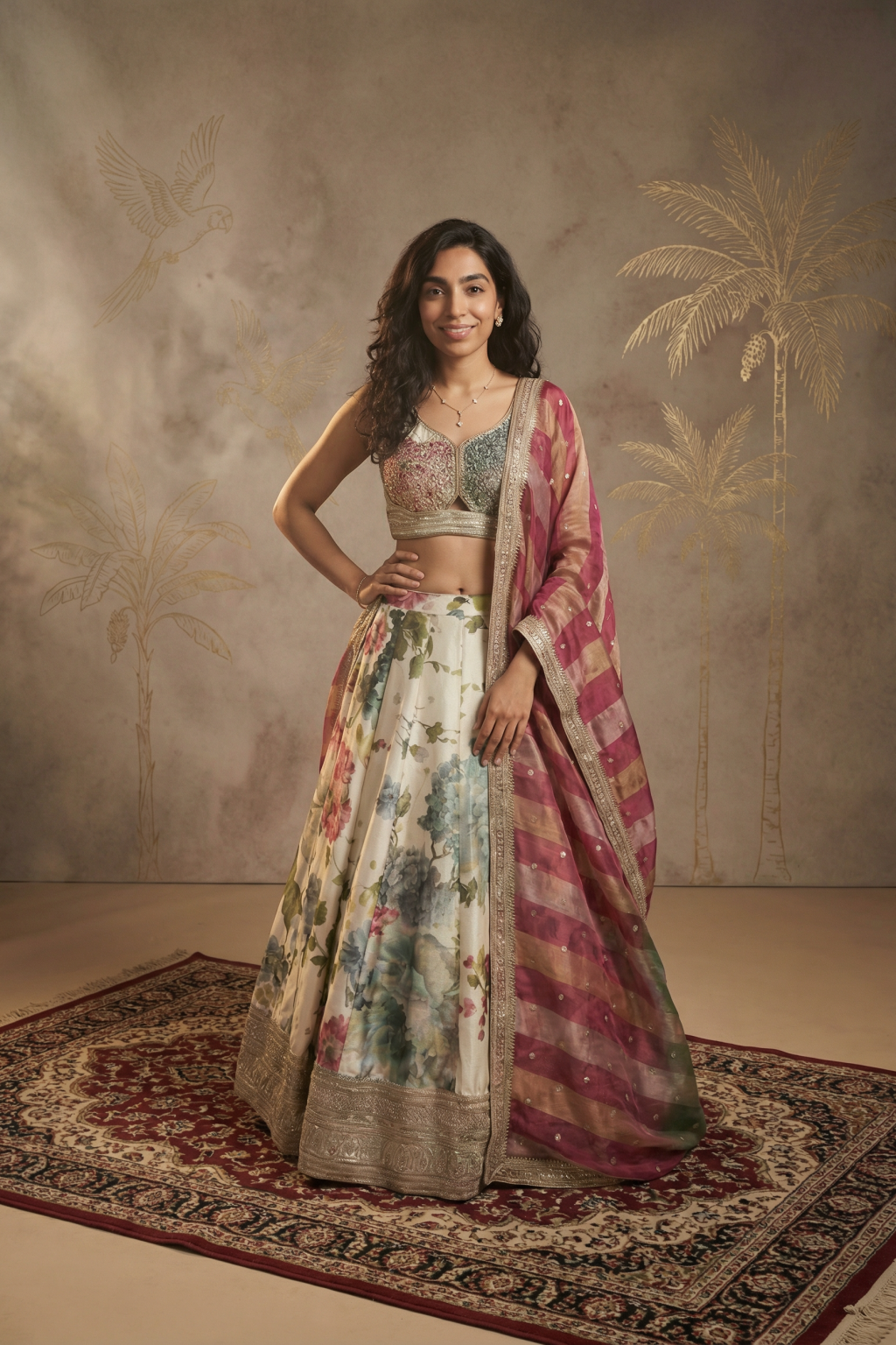 Ivory Tissue Organza Floral Lehenga Set