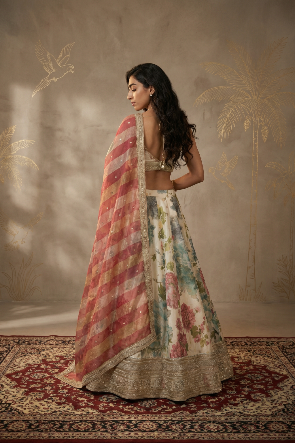 Ivory Tissue Organza Floral Lehenga Set