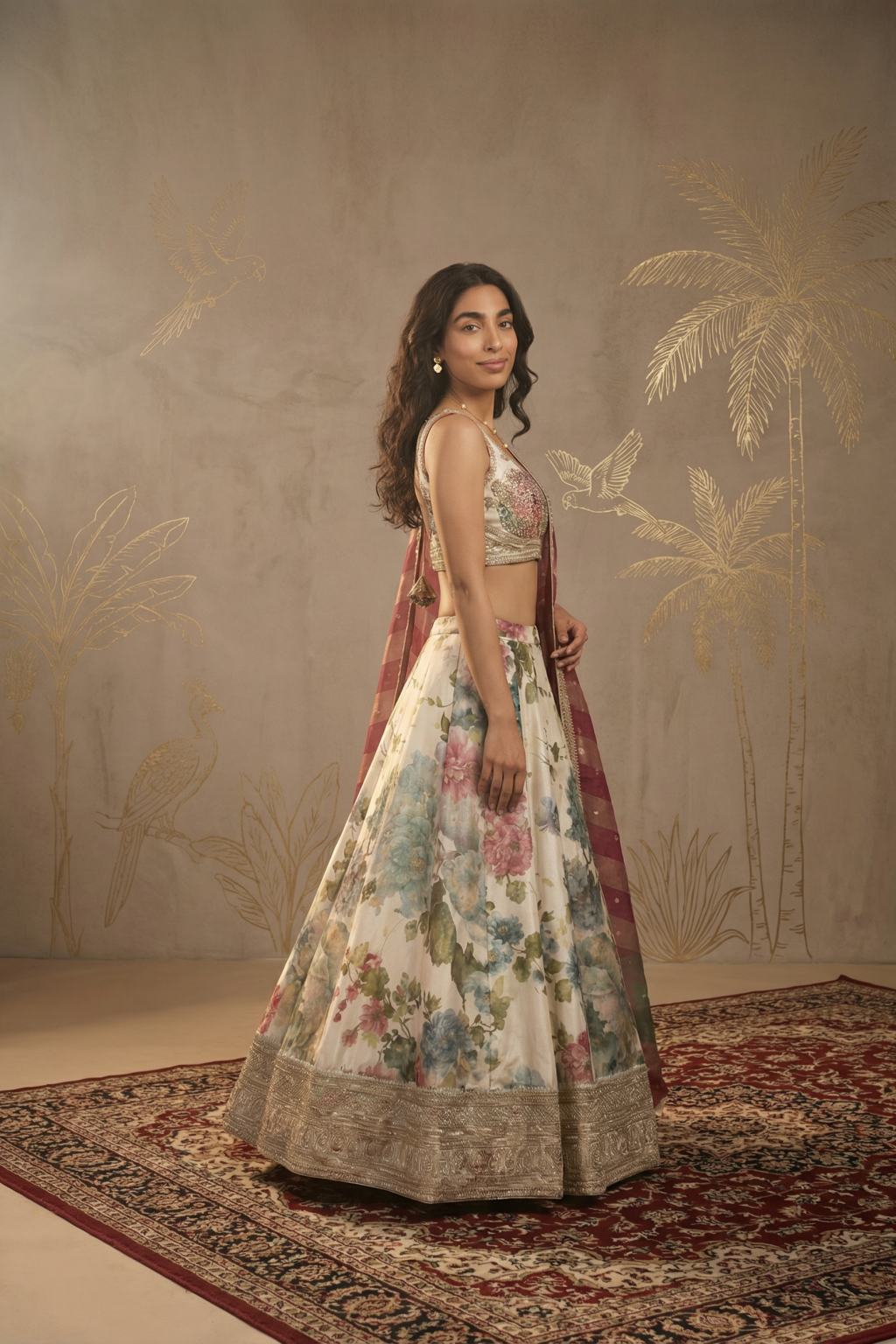 Ivory Tissue Organza Floral Lehenga Set