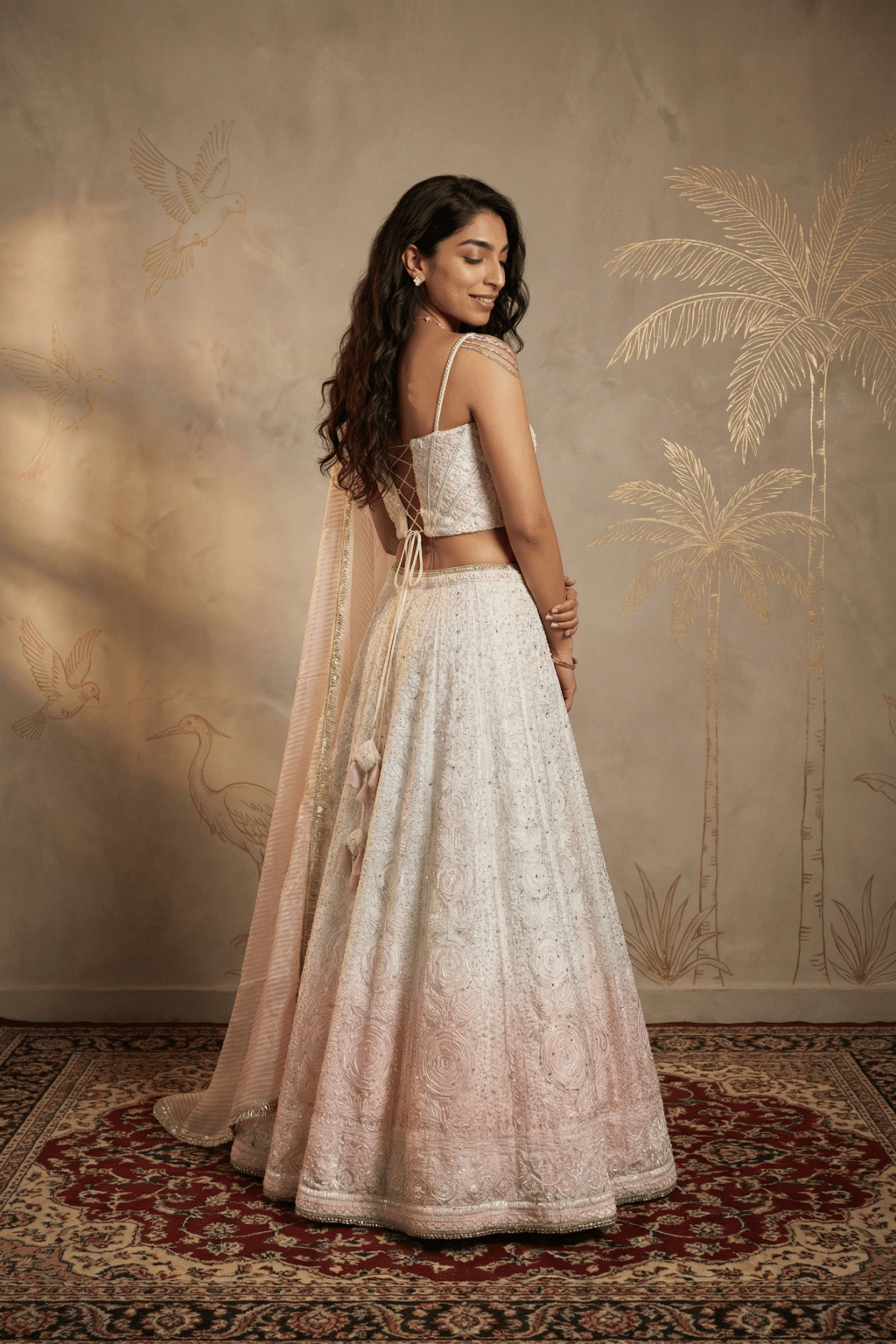 White & Blush Pink Shaded Lucknowi Embroidered Corset Lehenga Set