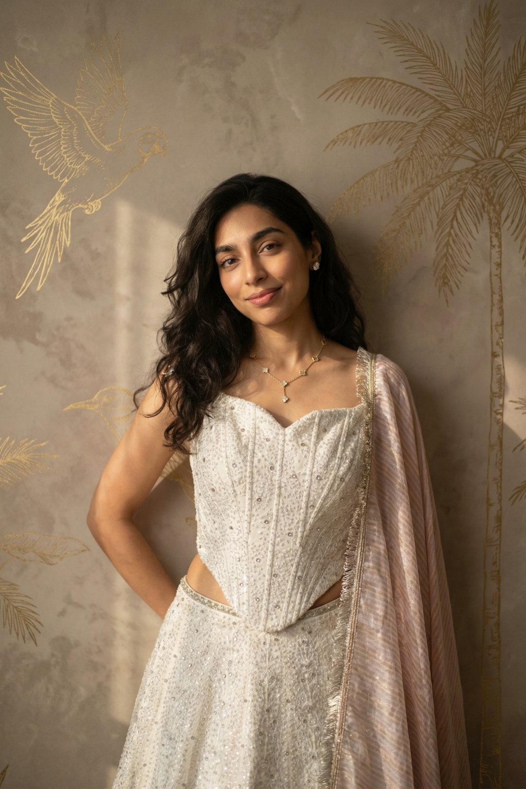 White & Blush Pink Shaded Lucknowi Embroidered Corset Lehenga Set