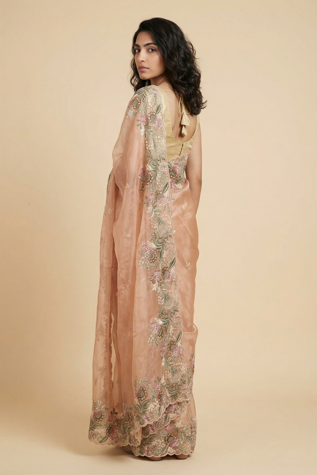 Peach Tissue Kora Saree with Floral Thread Embroidery