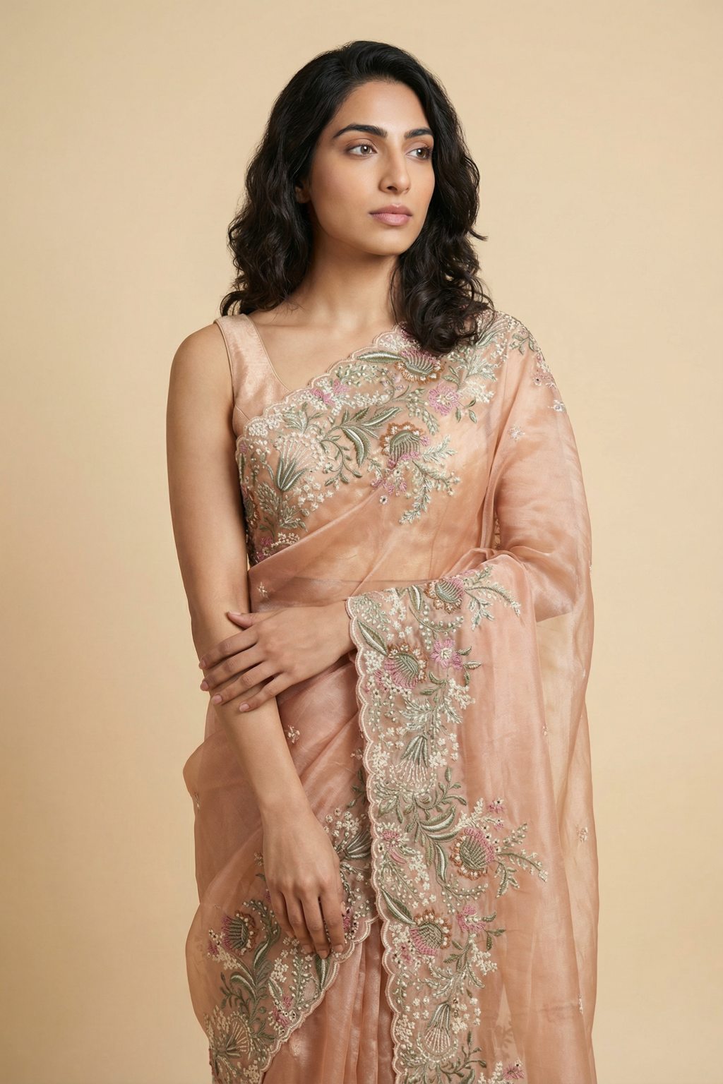 Peach Tissue Kora Saree with Floral Thread Embroidery