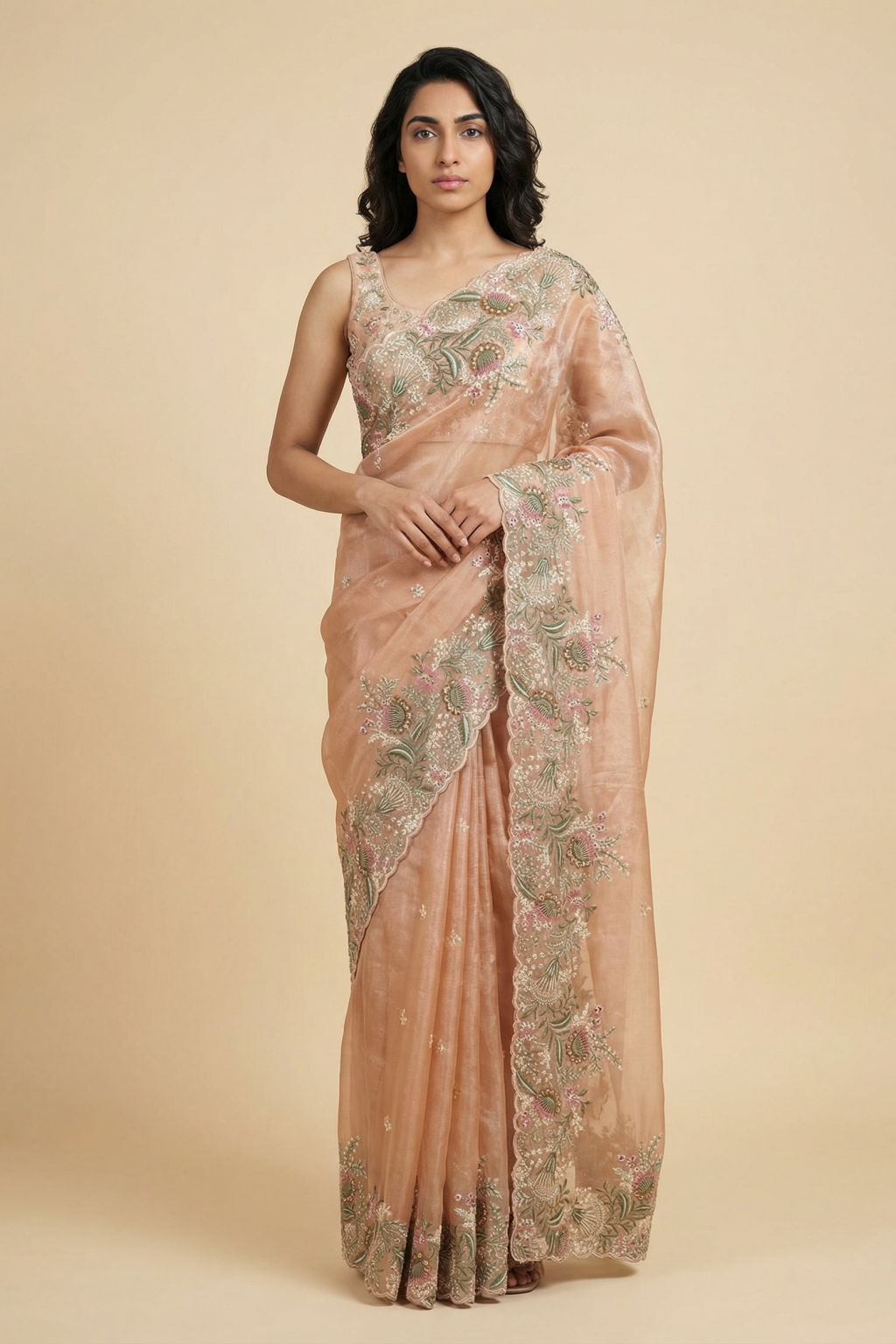 Peach Tissue Kora Saree with Floral Thread Embroidery