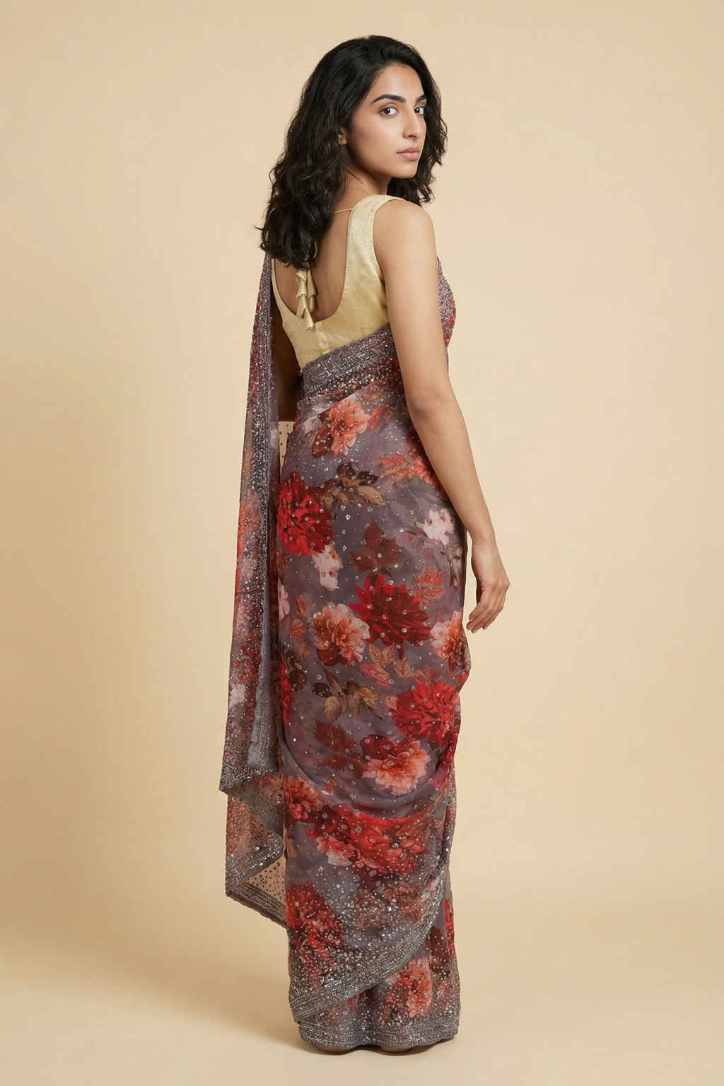 Multicolor Floral Printed Georgette Saree with All Over Sequins Work