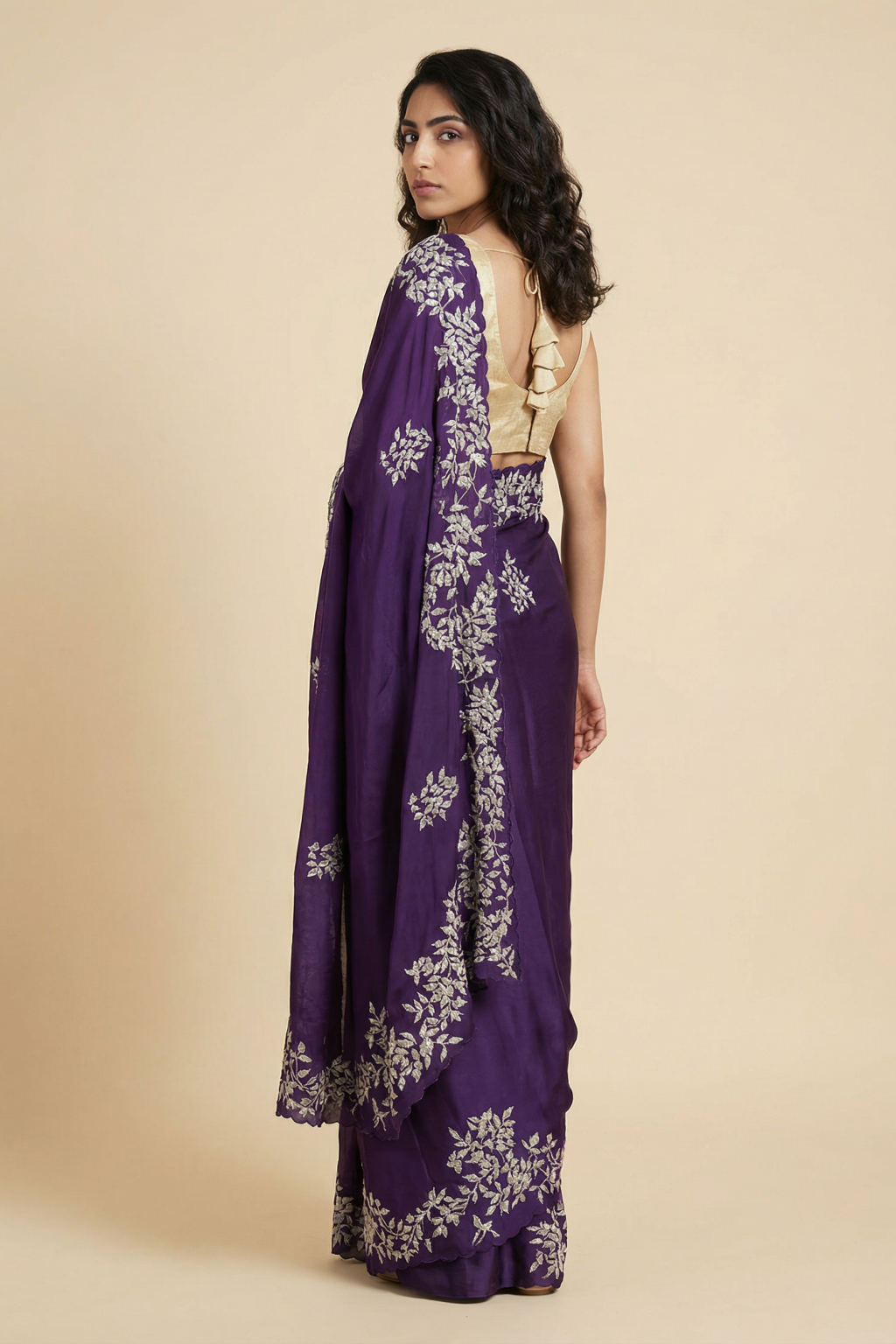 Navy Blue Satin Saree with Kardhana and Sequin Embroidery