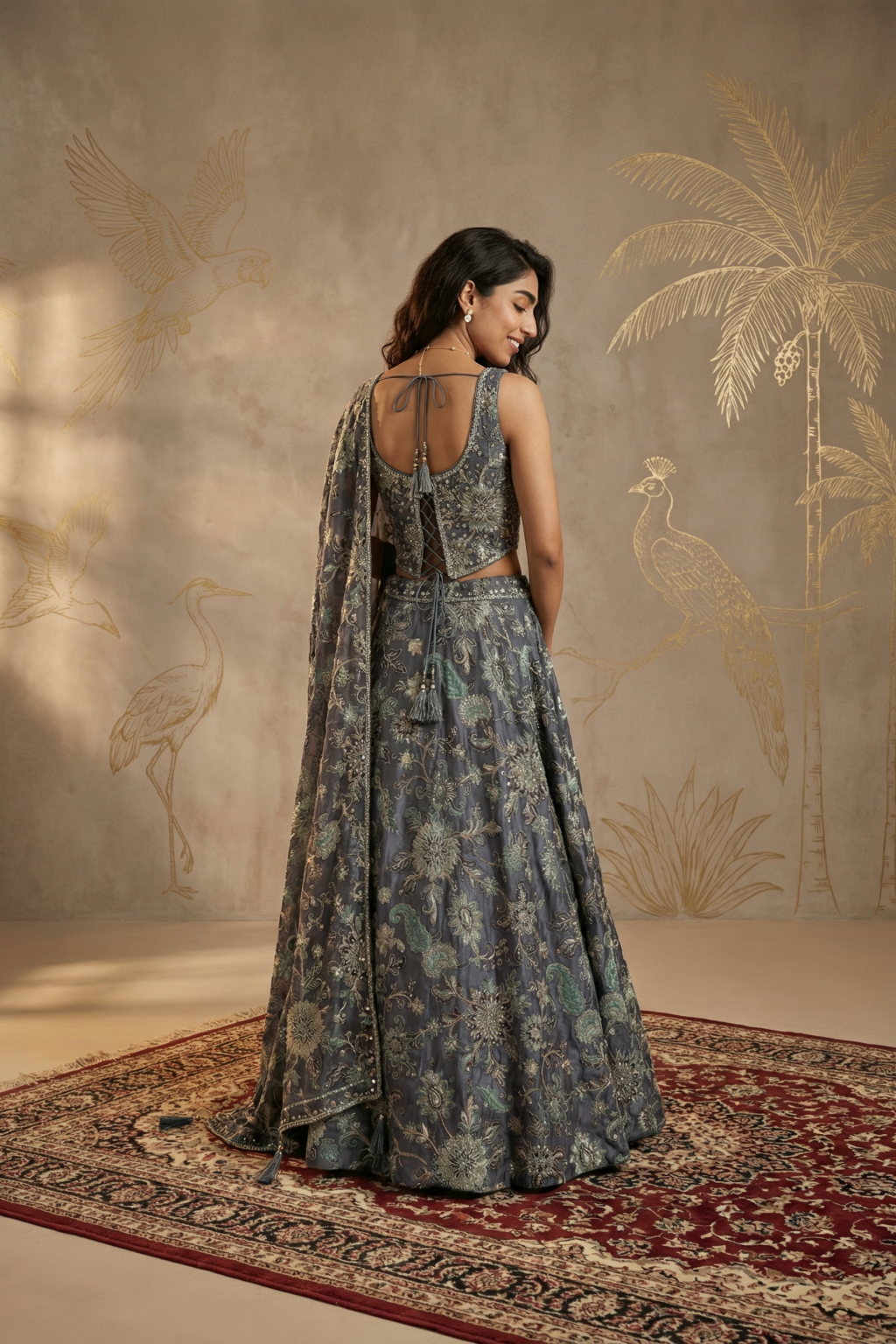 Grey Printed Tissue Organza Lehenga Set