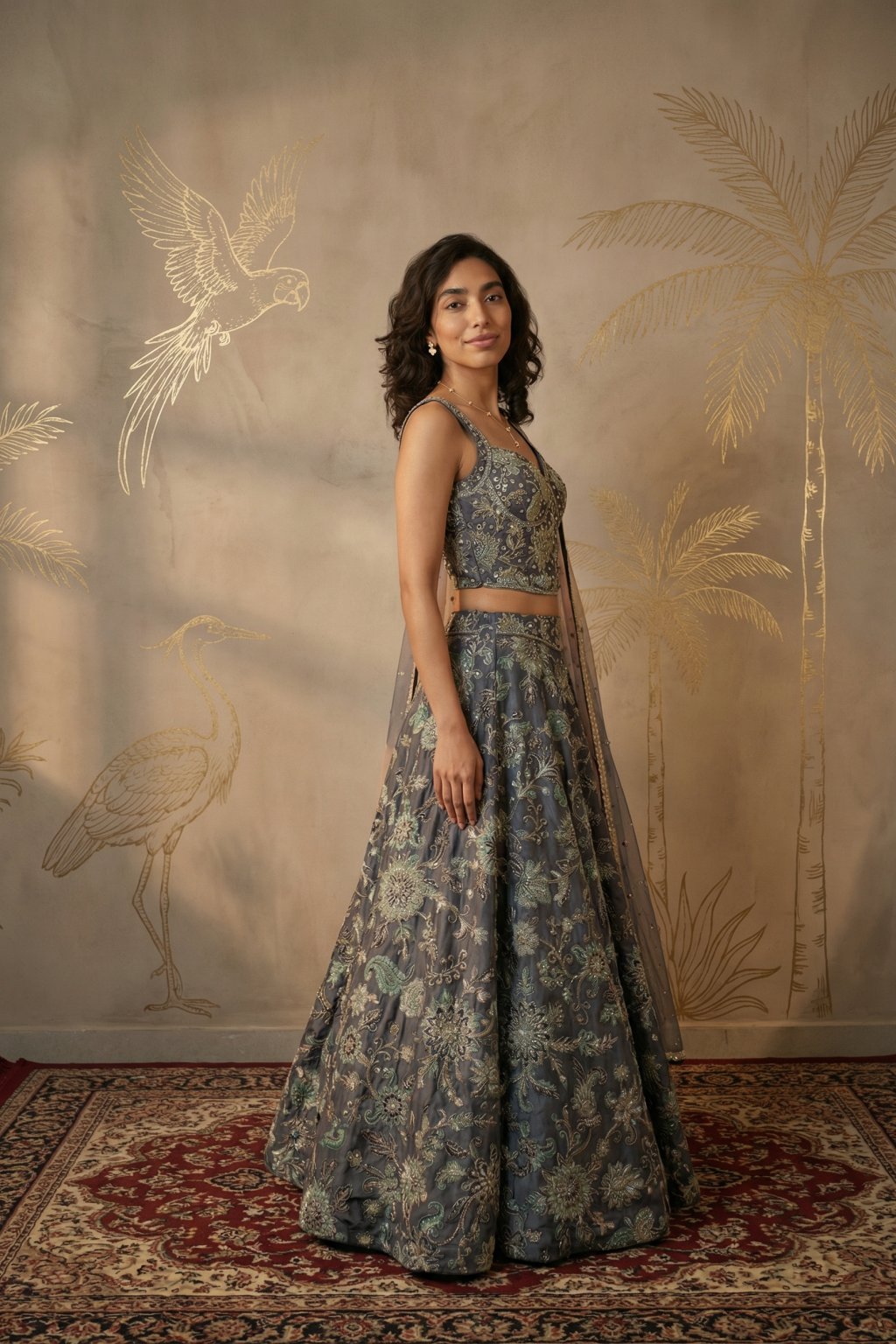 Grey Printed Tissue Organza Lehenga Set