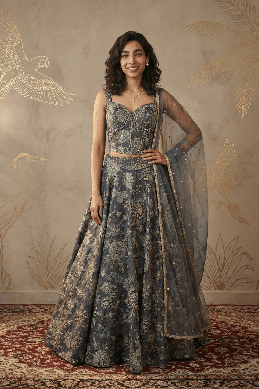 Grey Printed Tissue Organza Lehenga Set