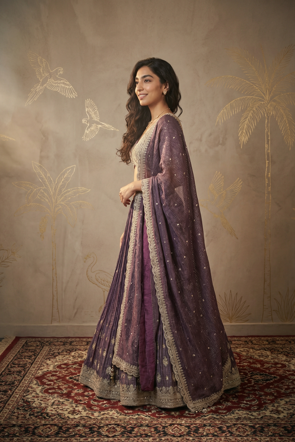 Royal Purple Tissue Organza Embroidered Lehenga Set