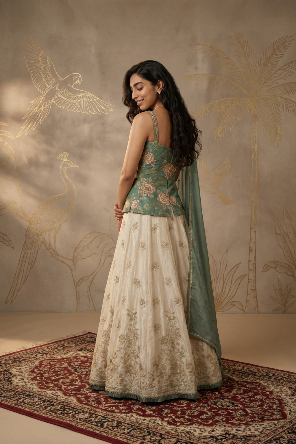 Ivory and Mint Green Tissue Organza Lehenga Set