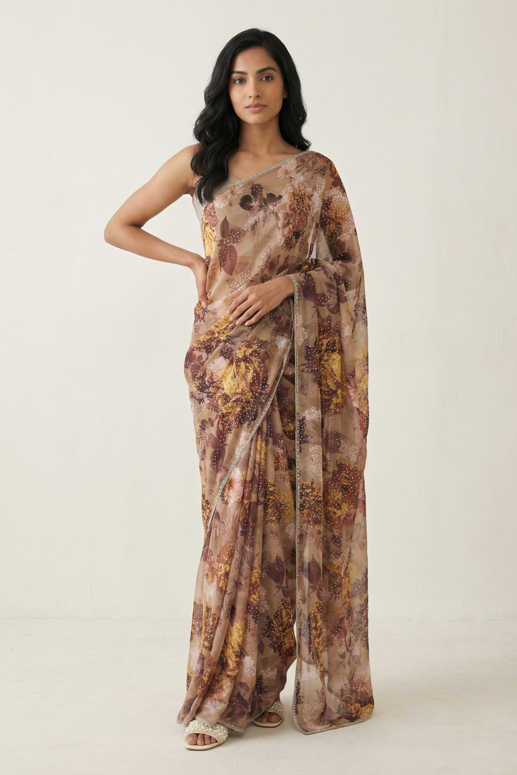 Brown Georgette Saree with Floral Print and Sequin Embellishments
