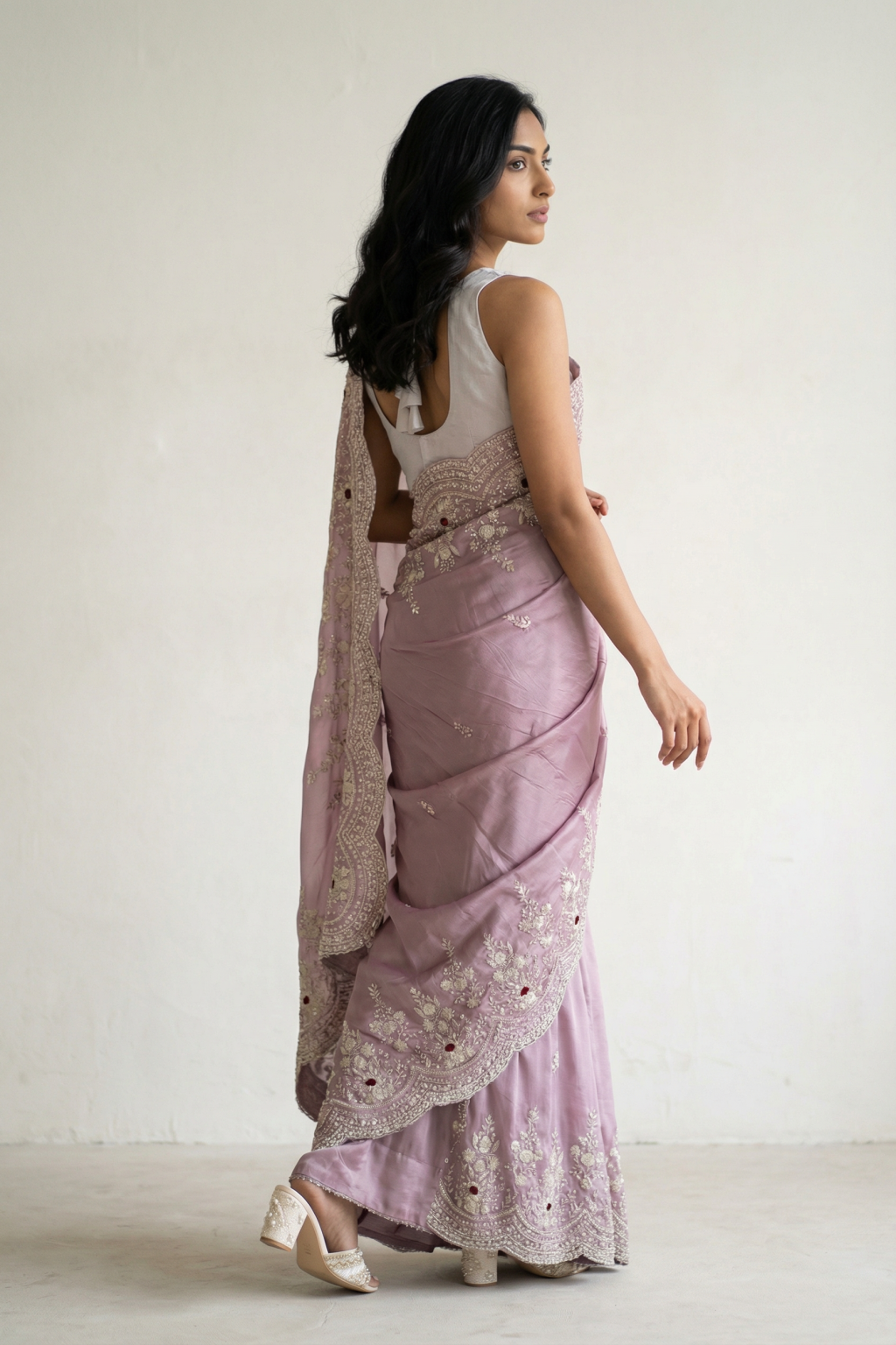 Purple Crepe Tissue Saree with Pearl and Sequin Embroidery