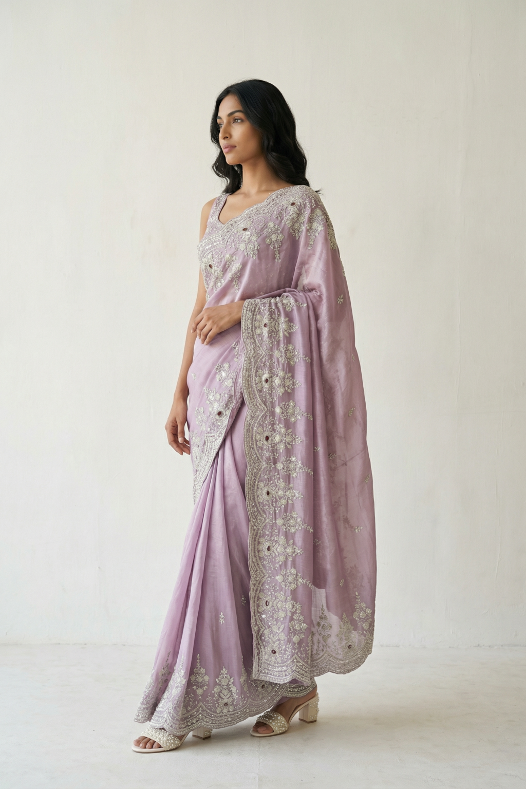 Purple Crepe Tissue Saree with Pearl and Sequin Embroidery