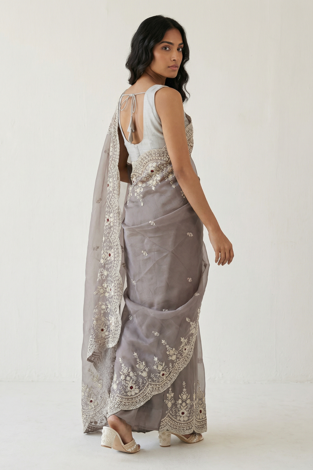 Dusty Lavender Tissue Organza Saree with Pearl and Sequin Embroidery