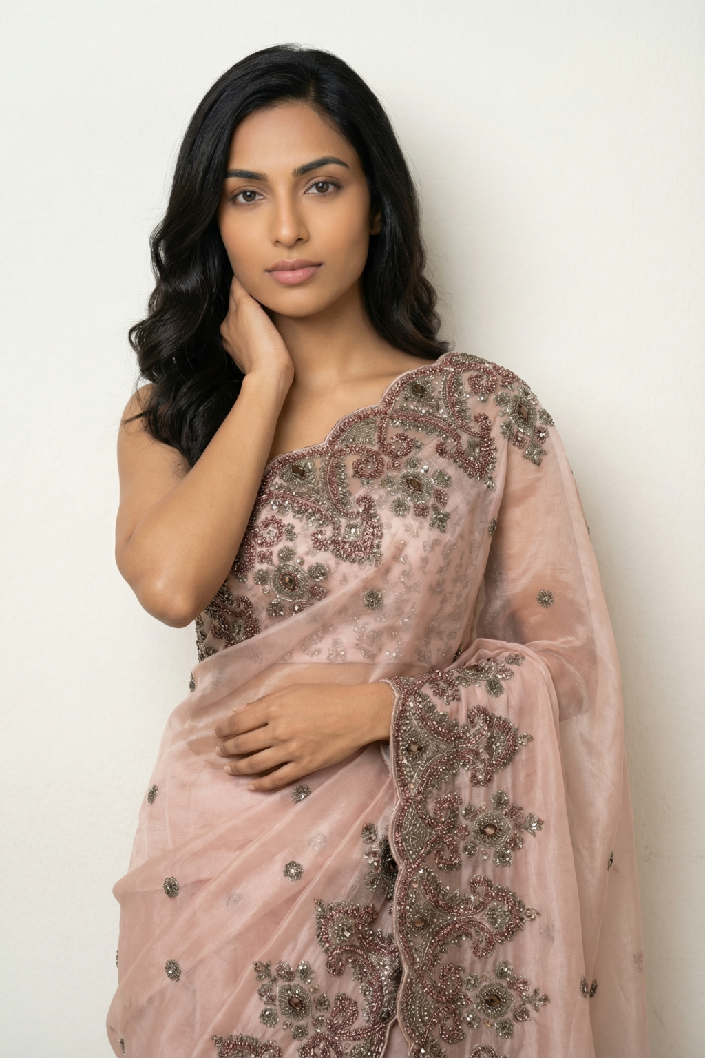 Peach Tissue Organza Saree with Antique Zardosi Work and Bead Highlights