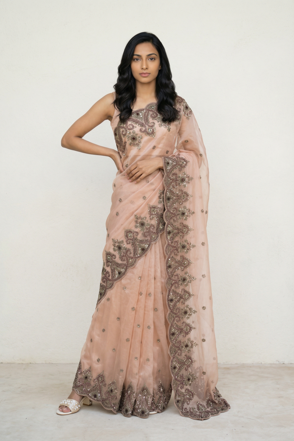 Peach Tissue Organza Saree with Antique Zardosi Work and Bead Highlights