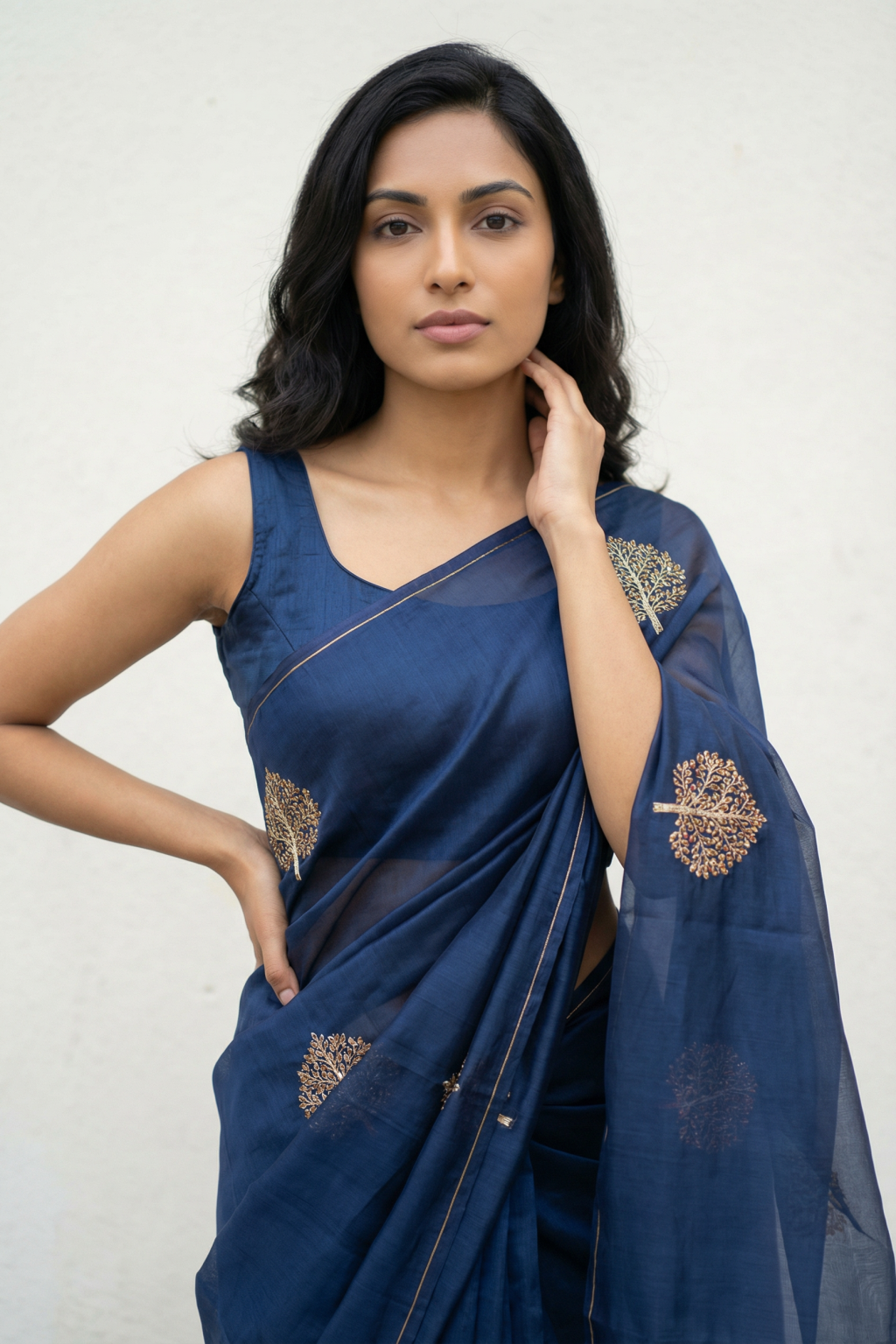 Navy Blue Organza Saree with Gold Tree Motifs