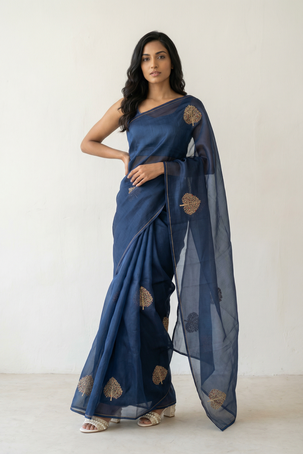 Navy Blue Organza Saree with Gold Tree Motifs