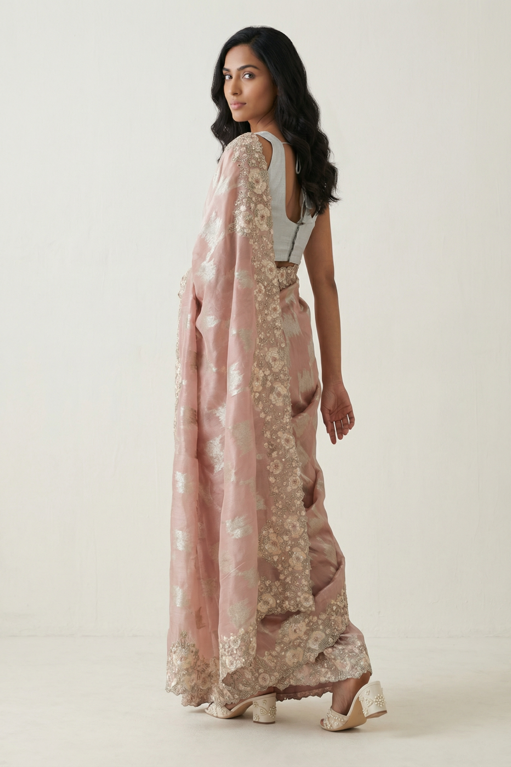 Pink Banarasi Tissue Saree with Pearl and Bead Embroidered Border - Mokshaa