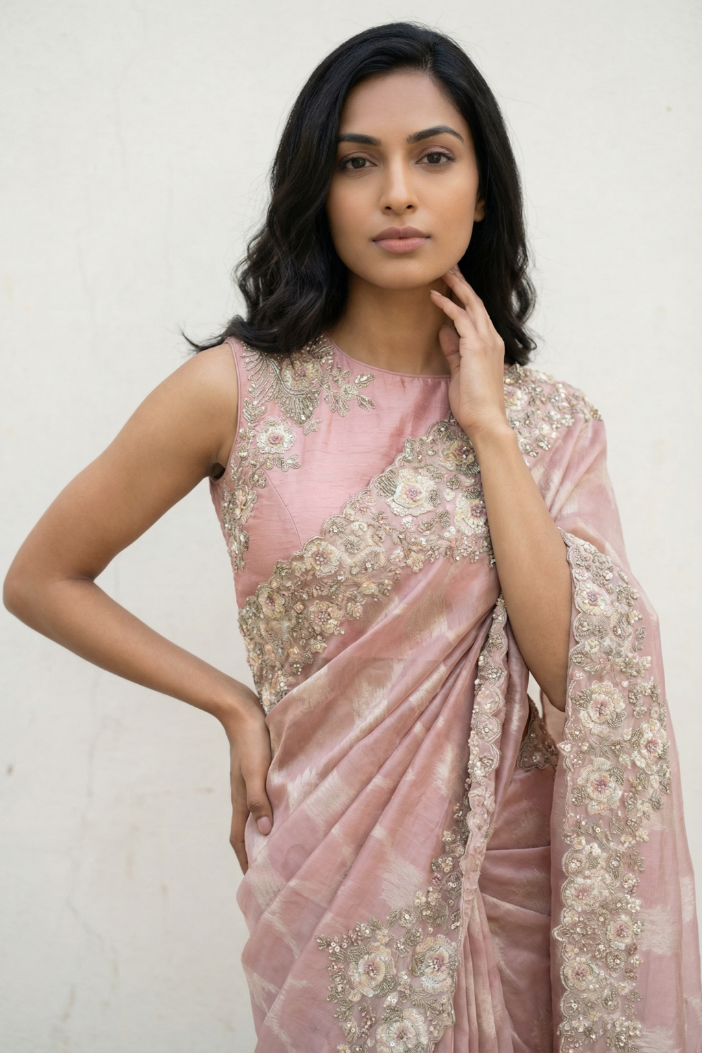 Pink Banarasi Tissue Saree with Pearl and Bead Embroidered Border - Mokshaa