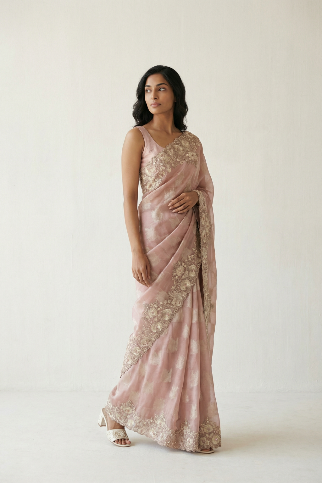 Pink Banarasi Tissue Saree with Pearl and Bead Embroidered Border