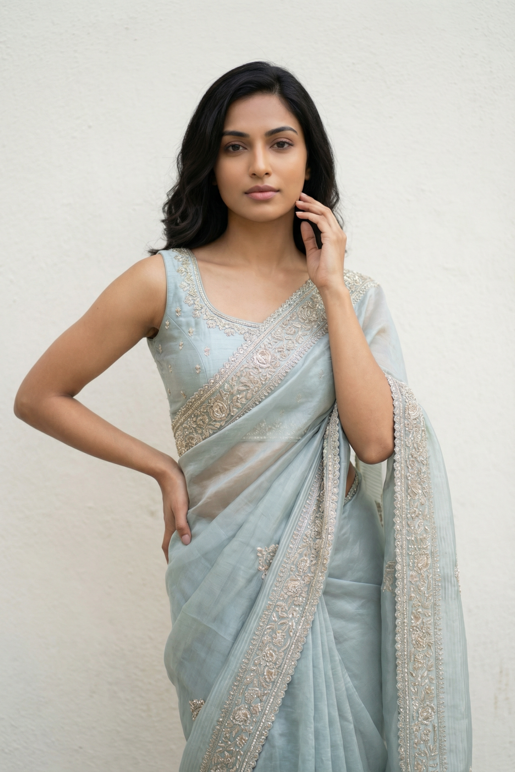 Ice Blue Tissue Saree with Sequin Butti and Beaded Embroidered Border