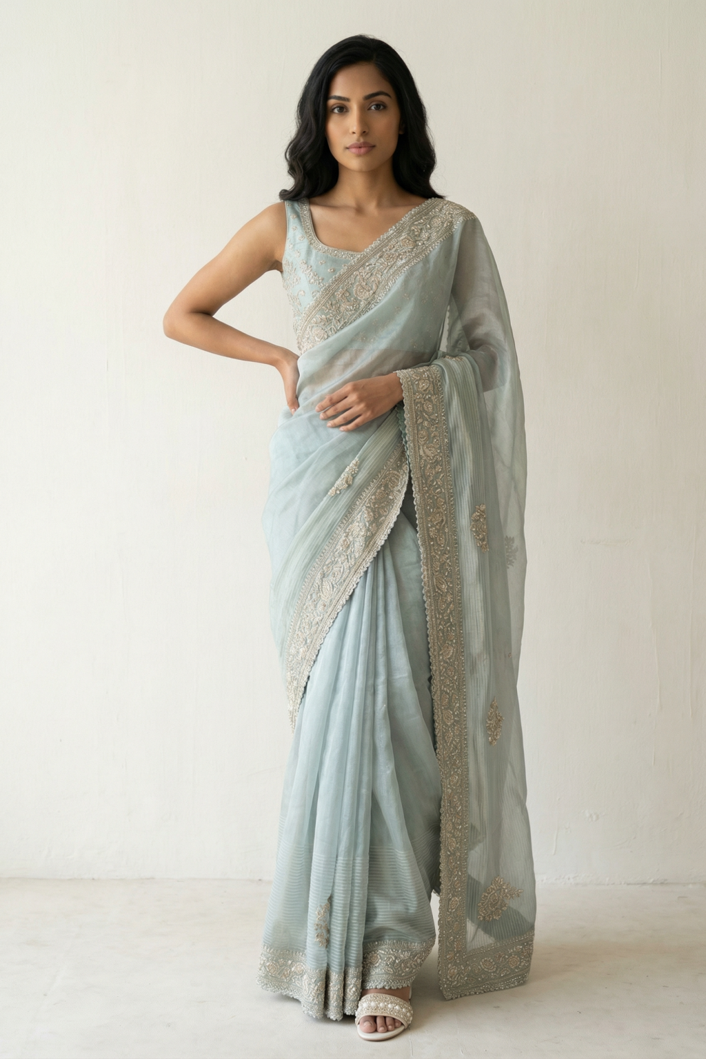 Ice Blue Tissue Saree with Sequin Butti and Beaded Embroidered Border