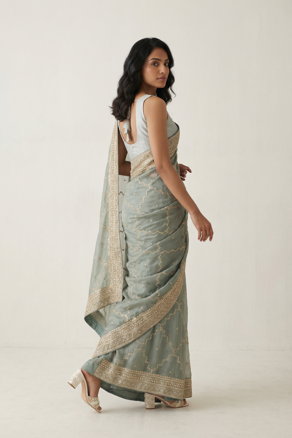 Powder Blue Tissue Organza Saree with Pearl and Sequin Embroidery