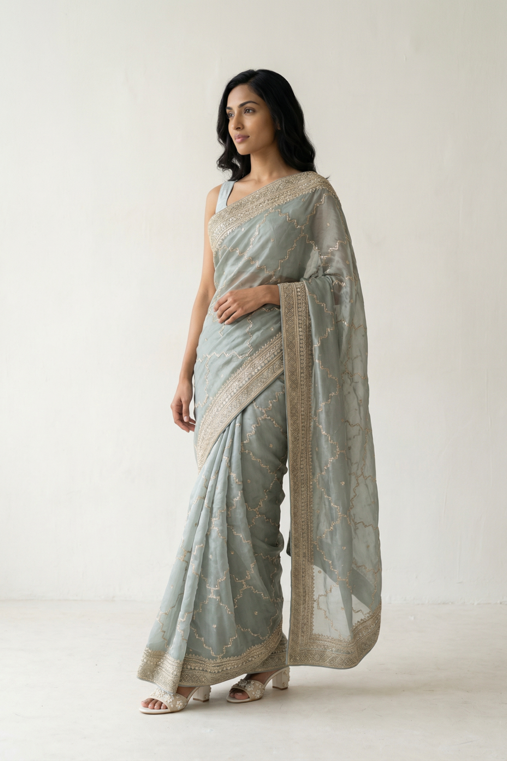 Powder Blue Tissue Organza Saree with Pearl and Sequin Embroidery