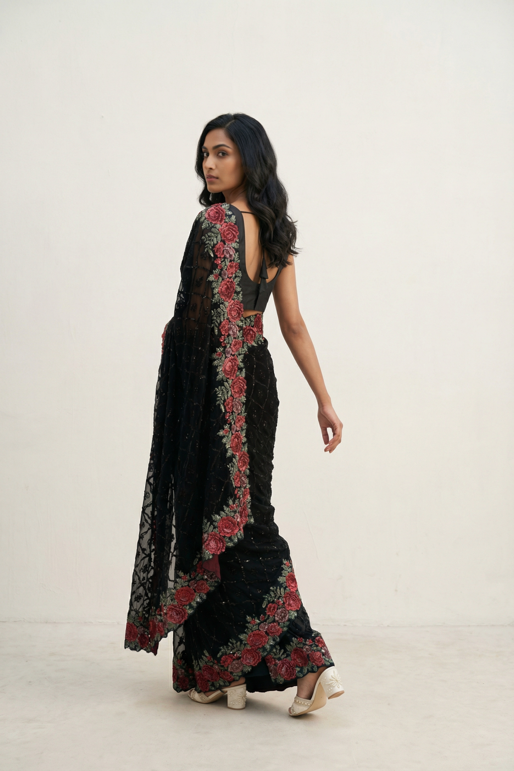 Black Georgette Saree with Floral Sequin Border