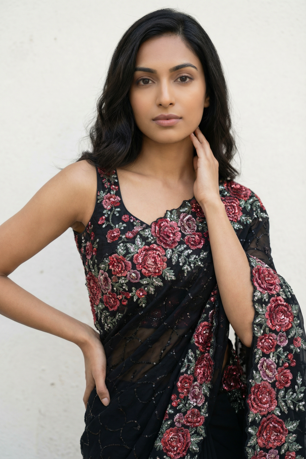 Black Georgette Saree with Floral Sequin Border