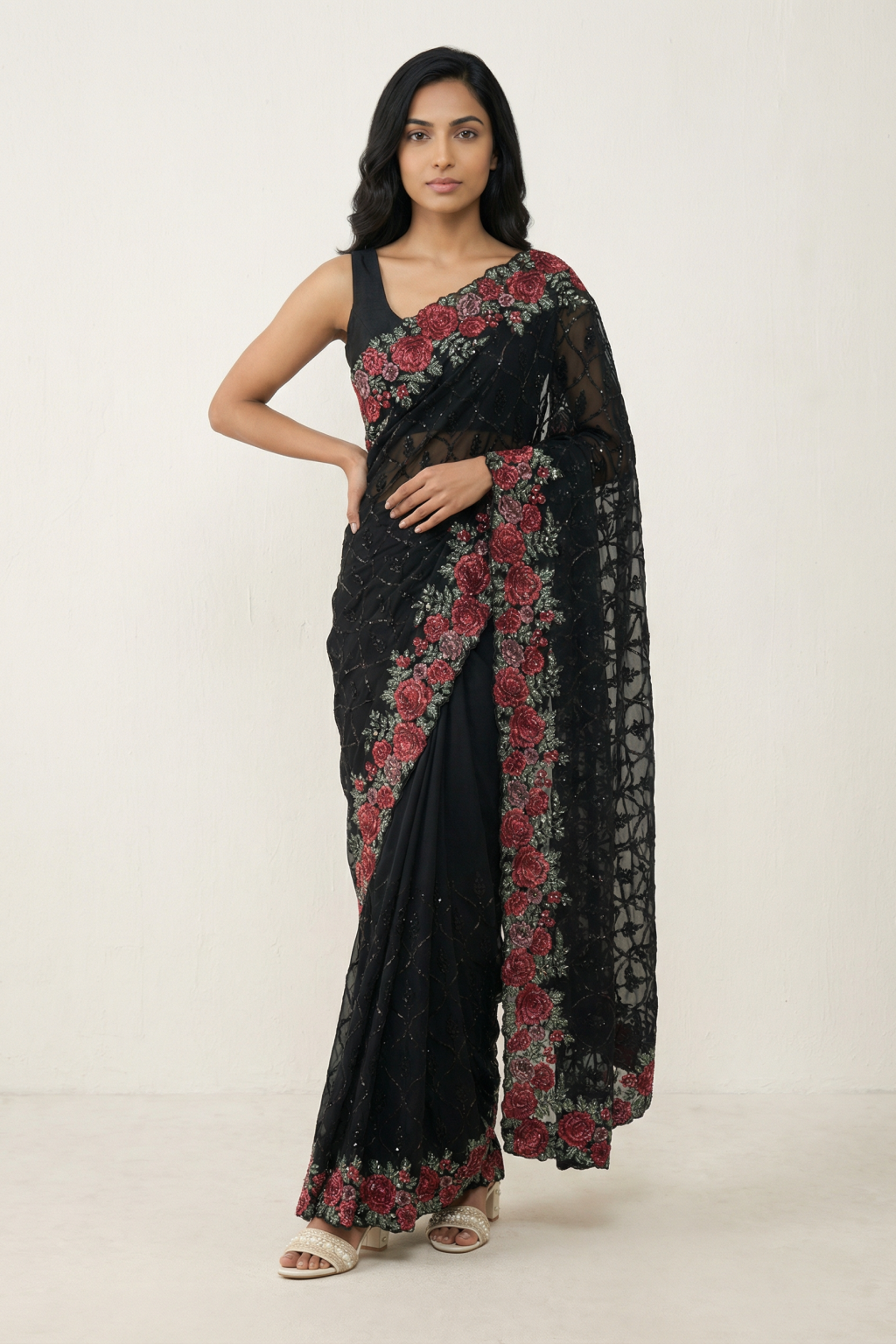 Black Georgette Saree with Floral Sequin Border