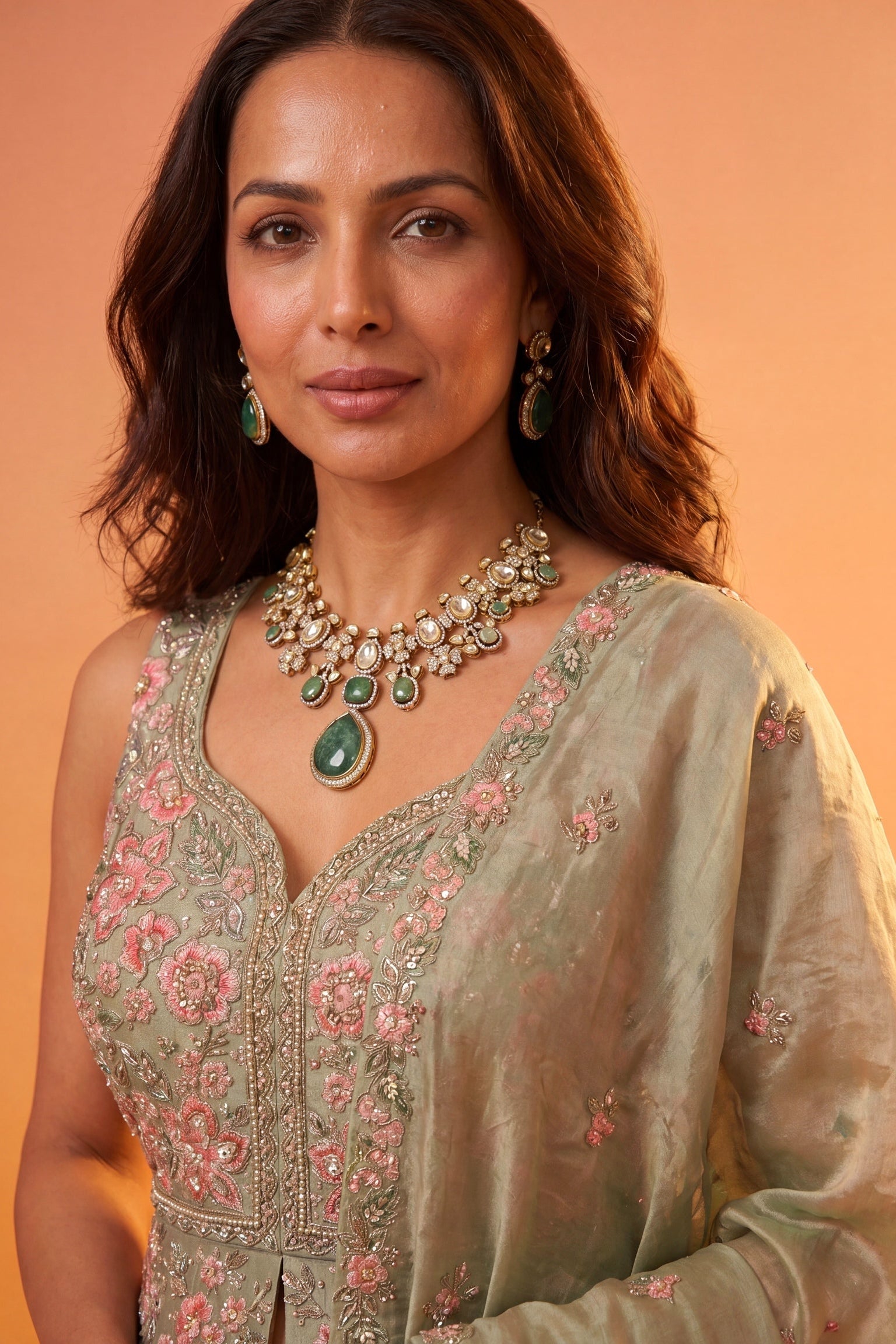Sage Green Tissue Silk Indo-Western Lehenga