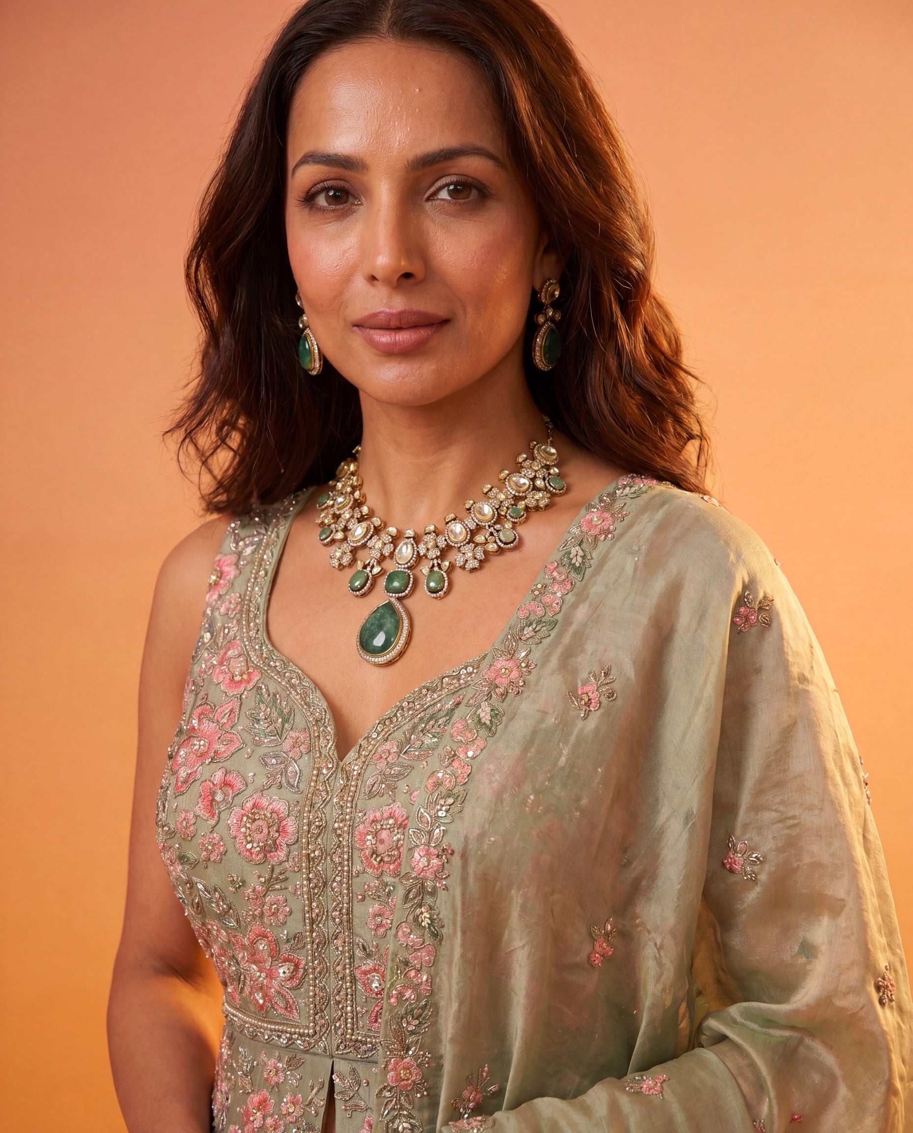 Sage Green Tissue Silk Indo-Western Lehenga