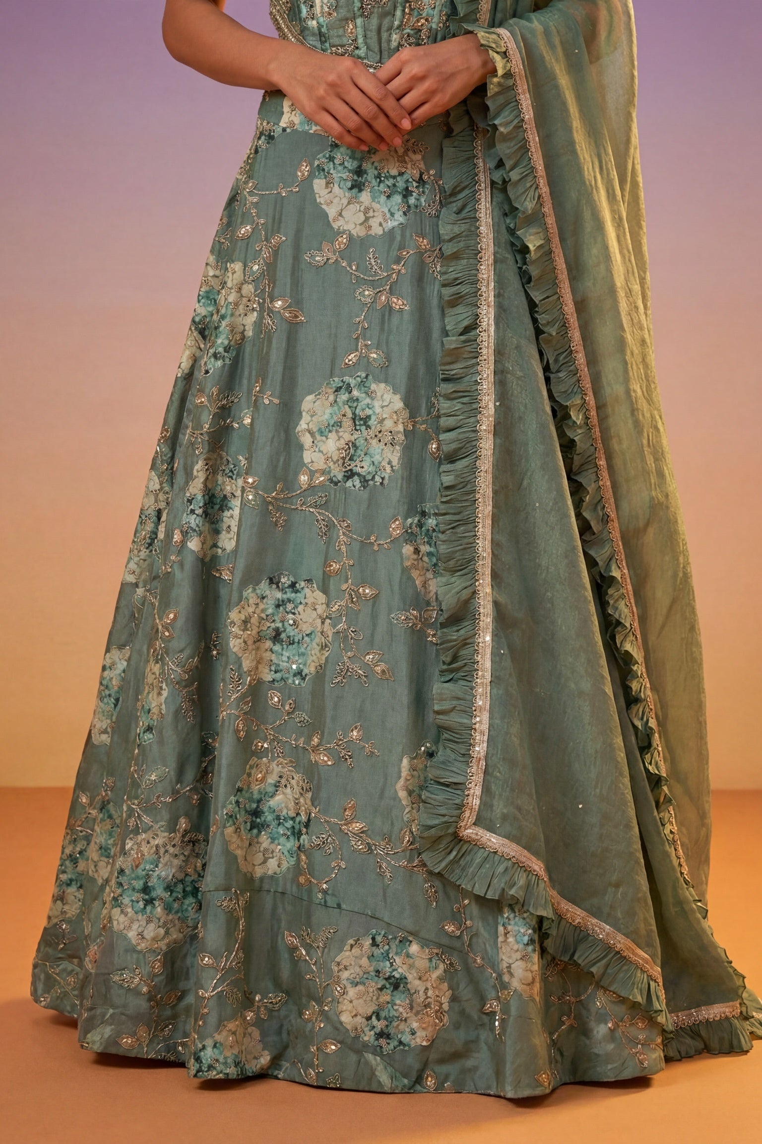 Sage Green Tissue Silk Corset Lehenga set
