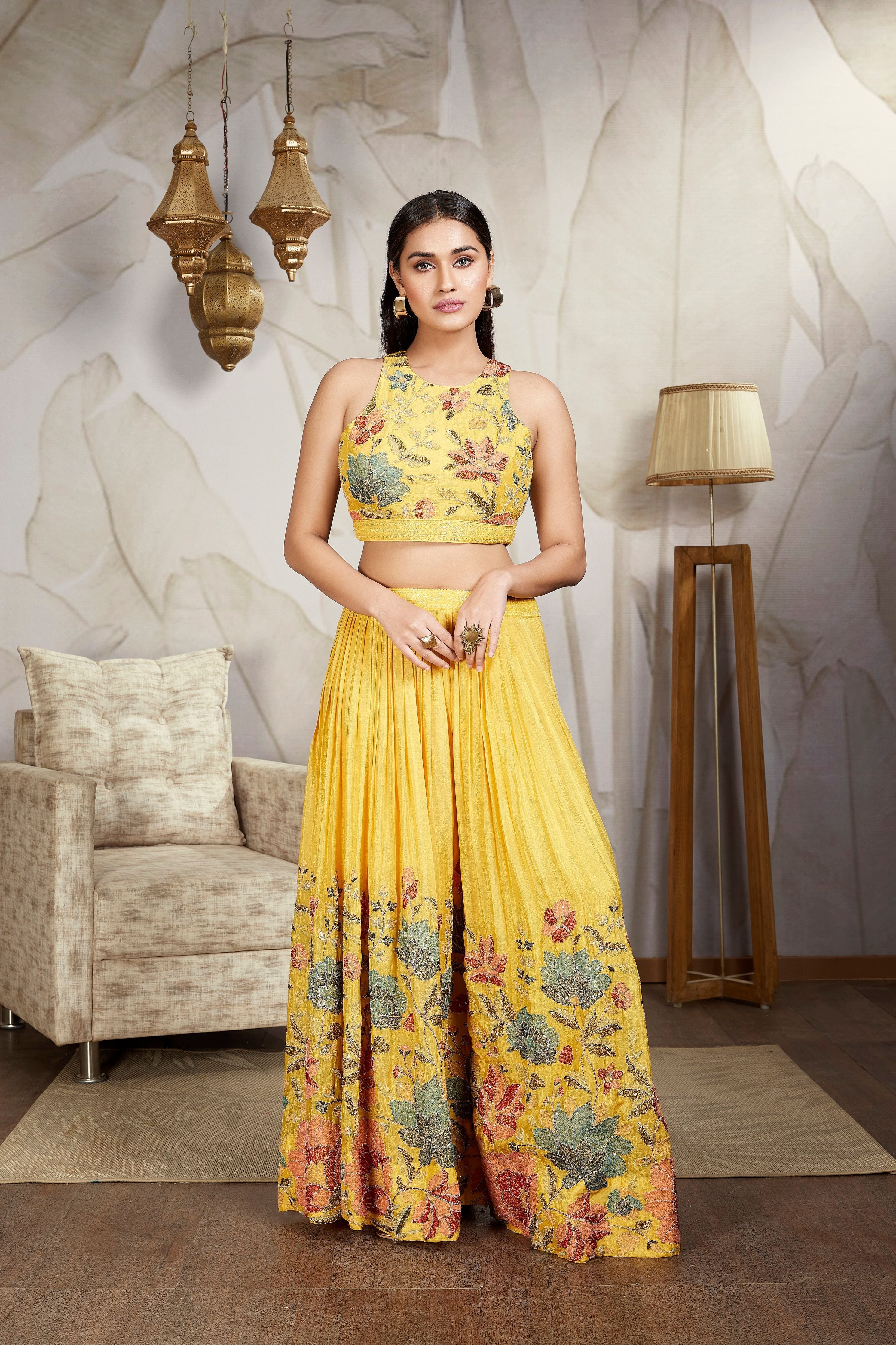 Mustard Yellow Embroidered Chinon Silk Palazzo Set - Mokshaa