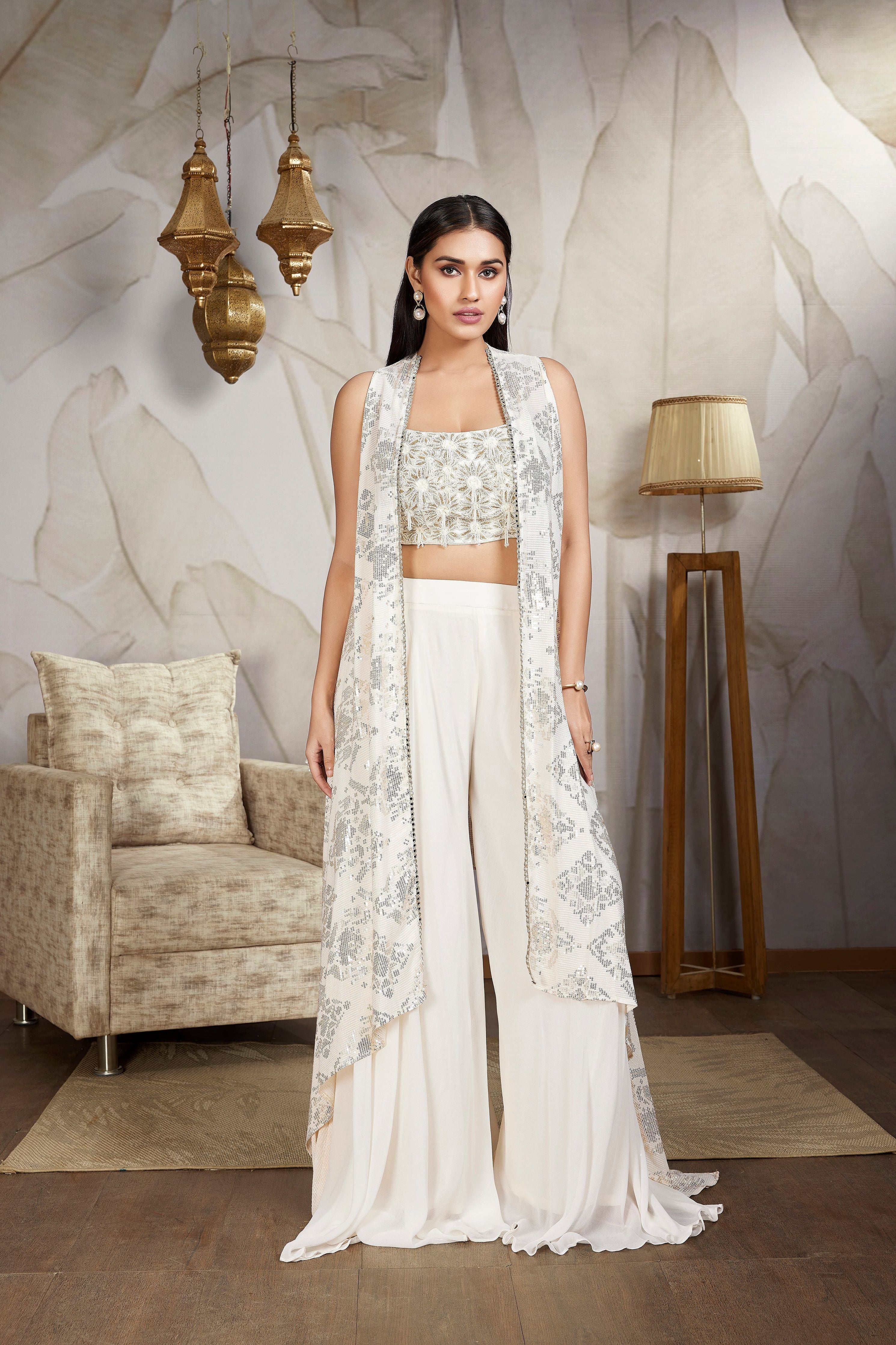 Pearl White Embellished Sequins Italian Silk Cape Set - Mokshaa