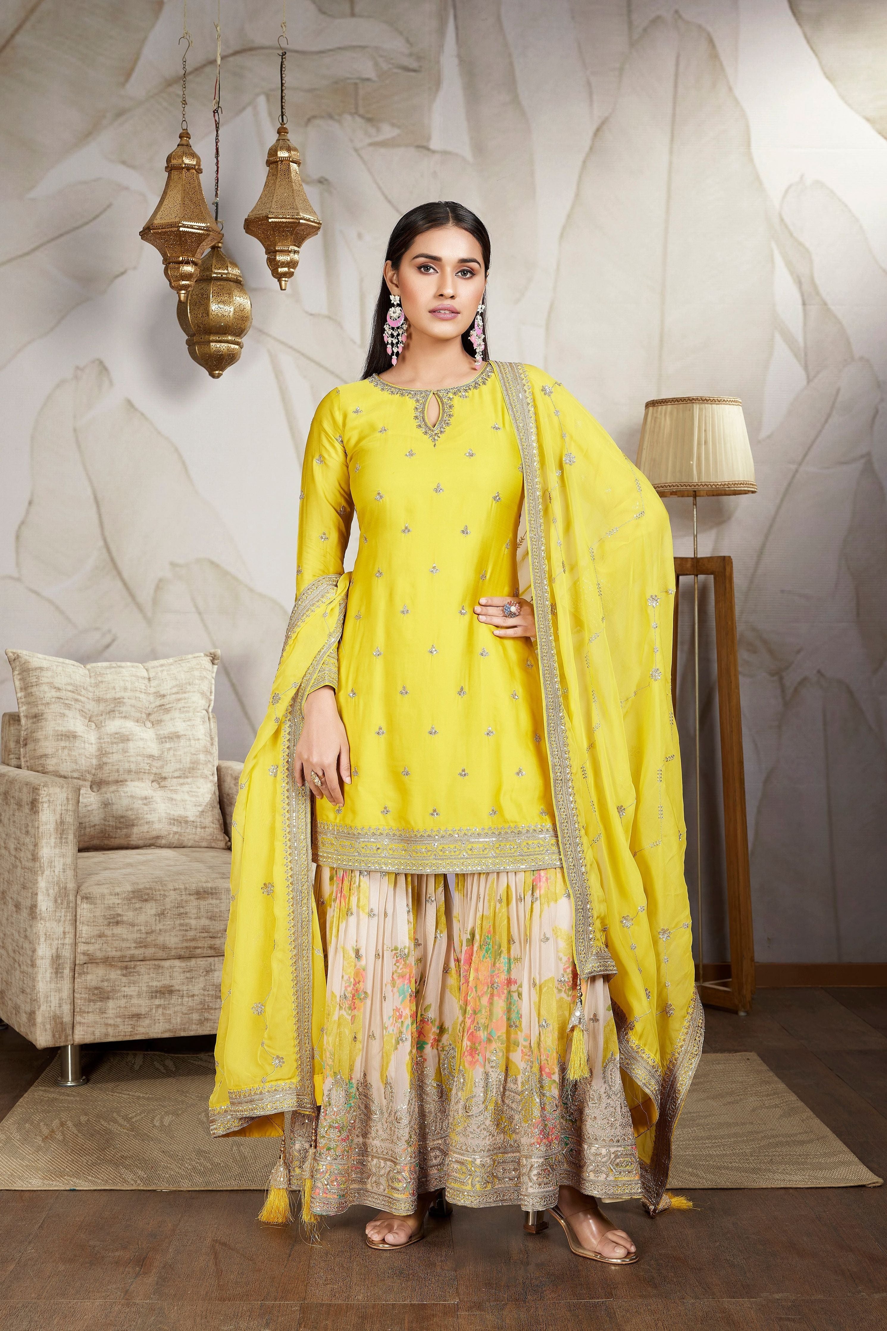 Yellow Embellished Raw Silk Sharara Set - Mokshaa