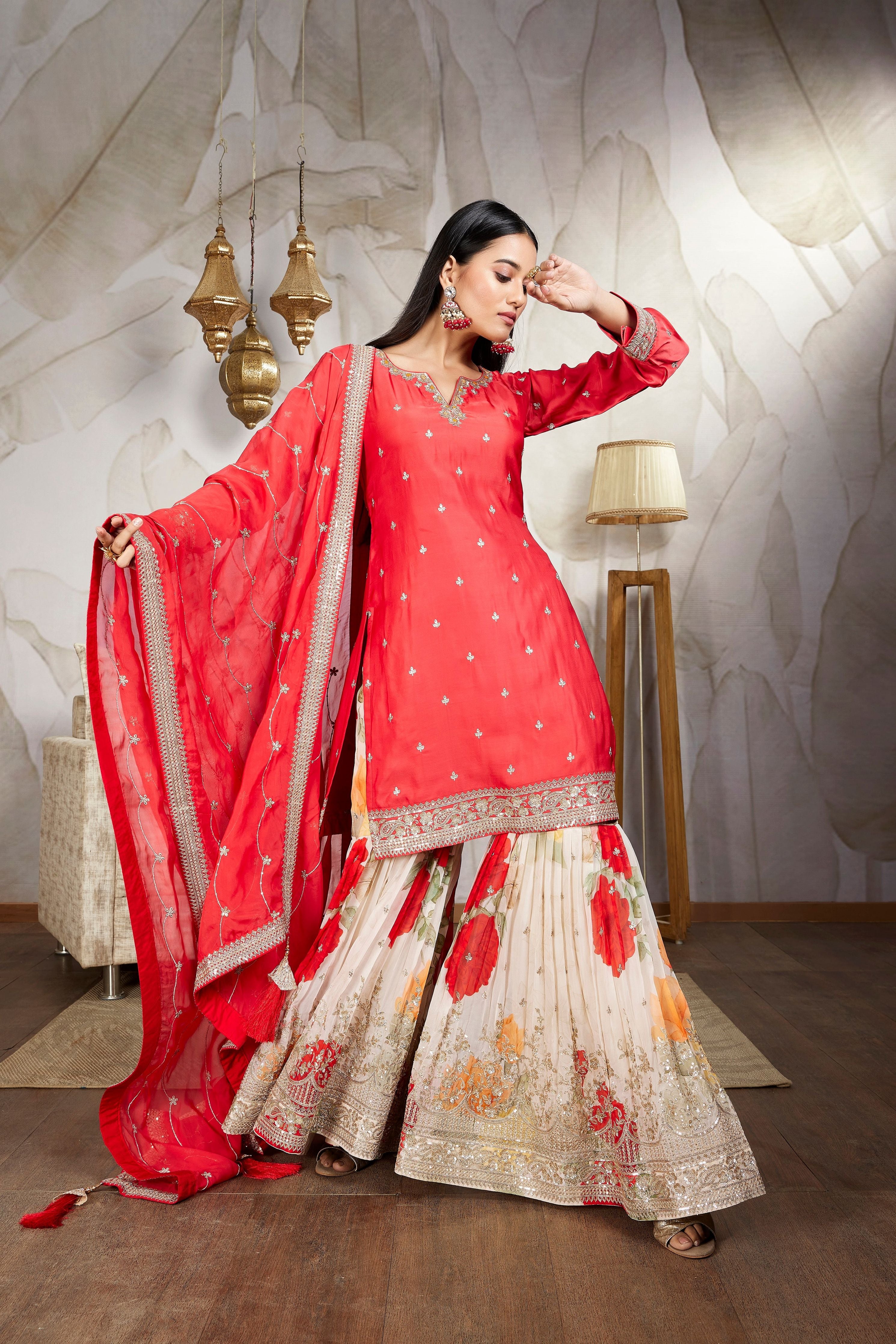 Crimson Red Embellished Raw Silk Sharara Set - Mokshaa