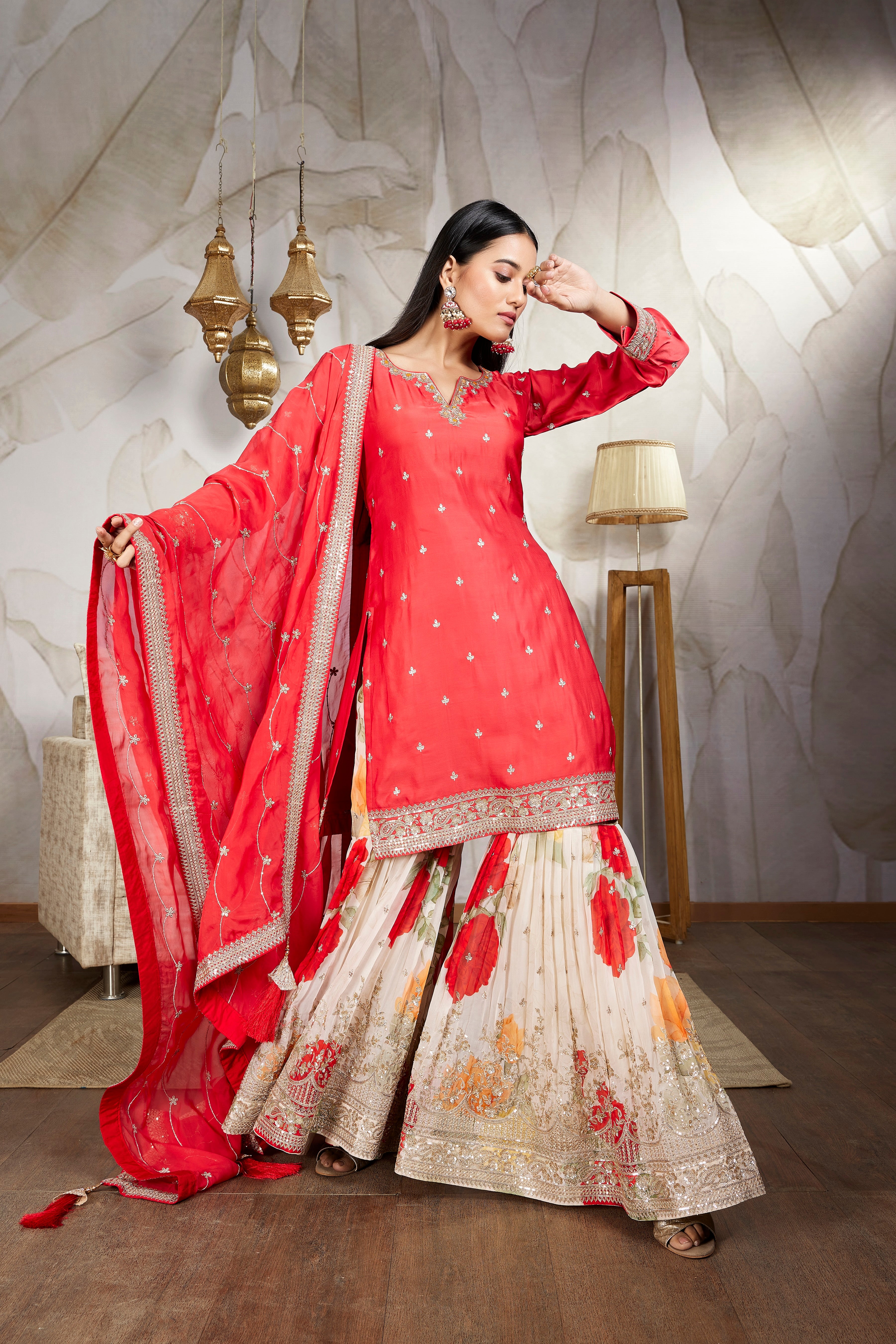 Crimson Red Embellished Raw Silk Sharara Set - Mokshaa