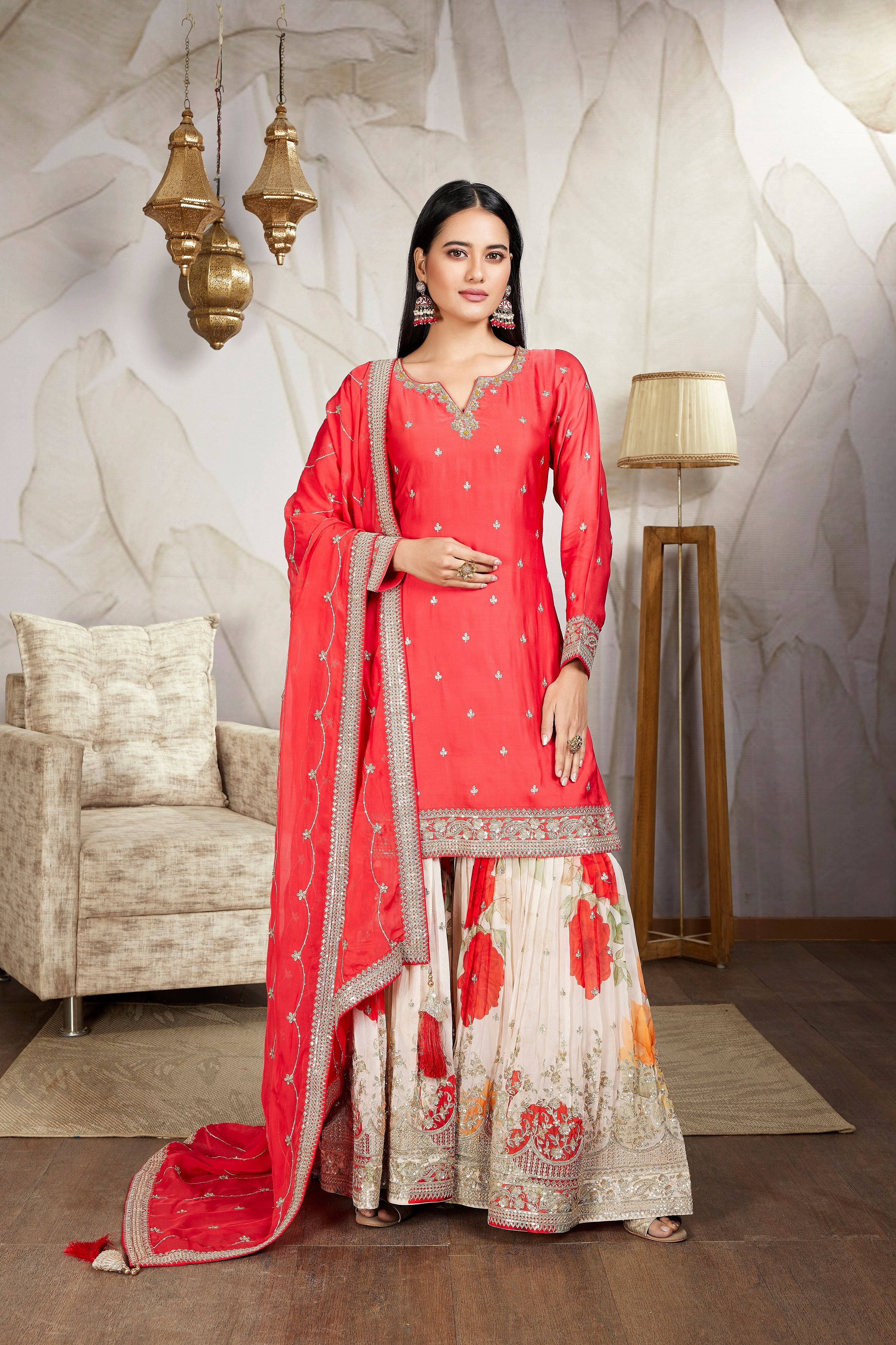 Crimson Red Embellished Raw Silk Sharara Set - Mokshaa