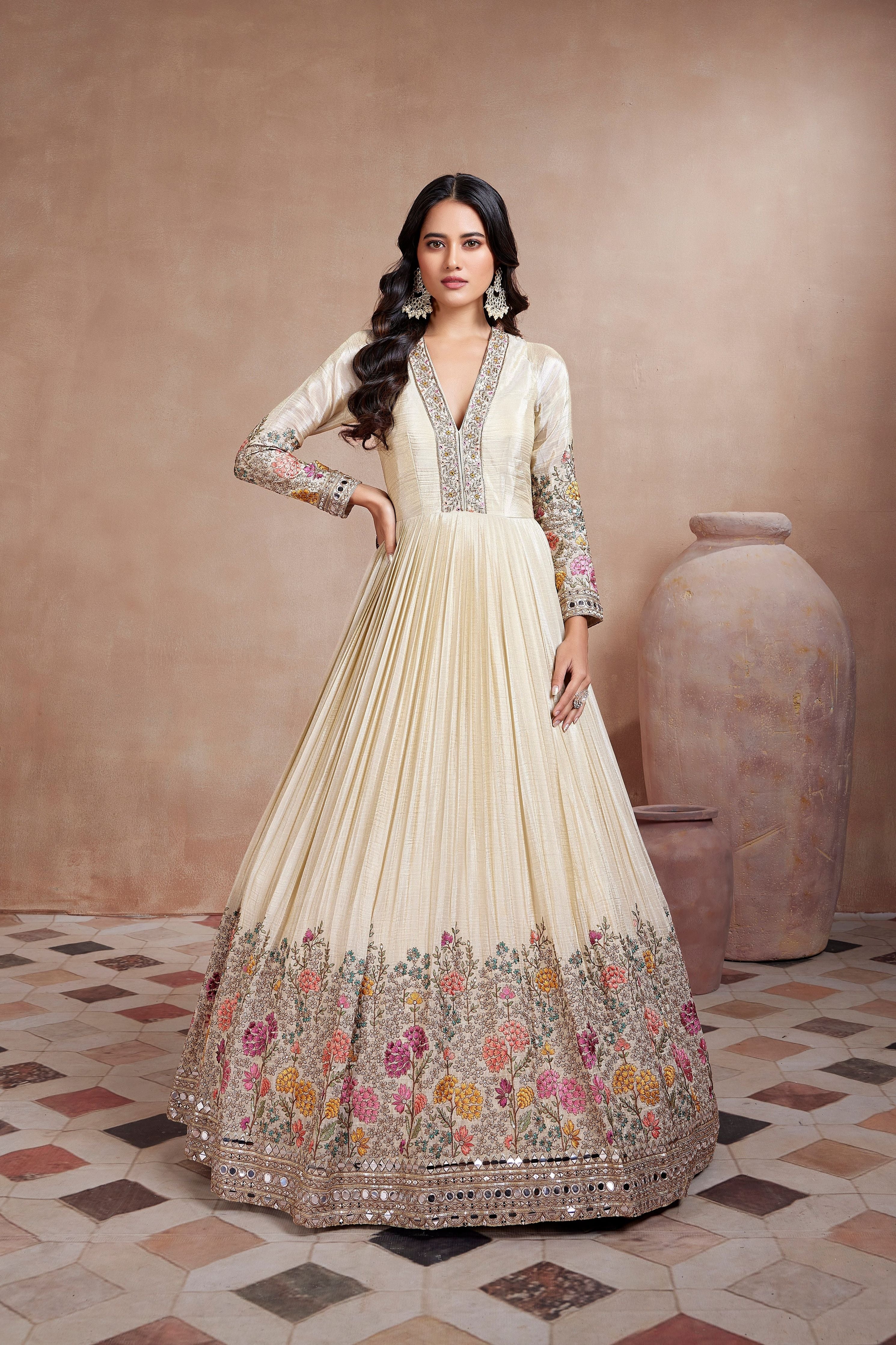 Cream Crepe Resham Embroidered Deep V Neck Anarkali Suit with Mirror Work - Mokshaa