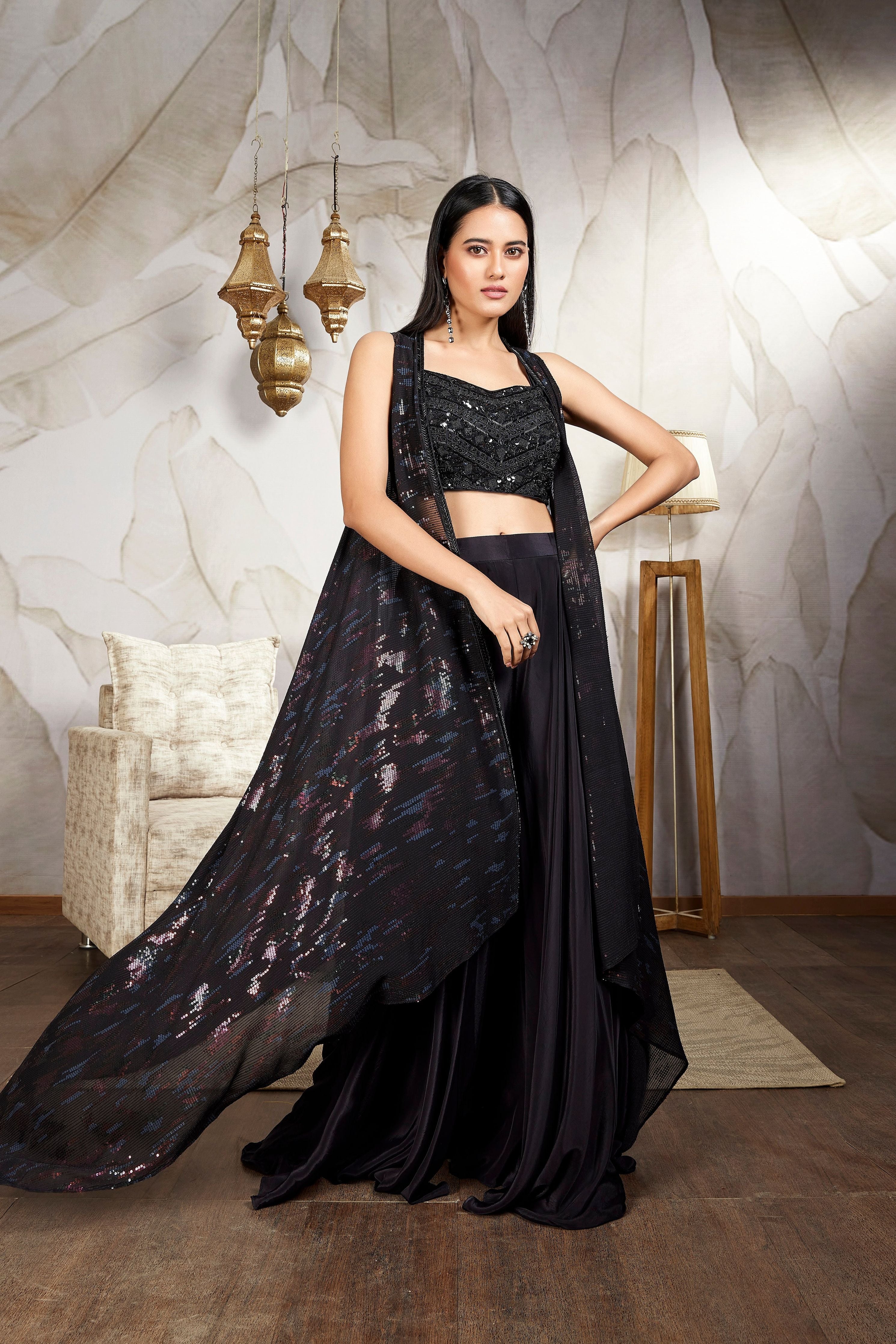 Midnight Black Embellished German Silk Cape Set - Mokshaa