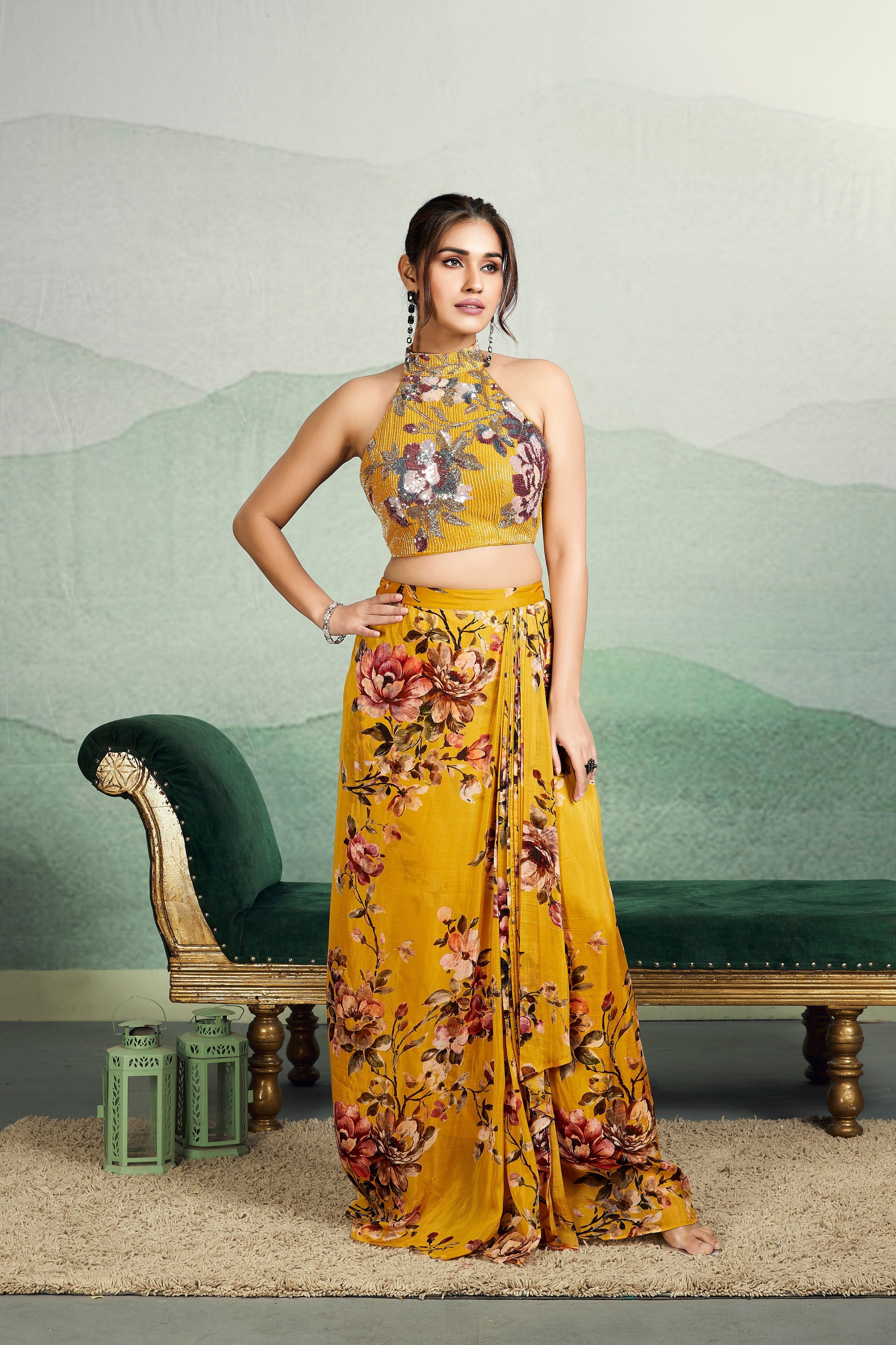 Mustard Floral Printed Embellished Premium Silk Drape Skirt Set - Mokshaa