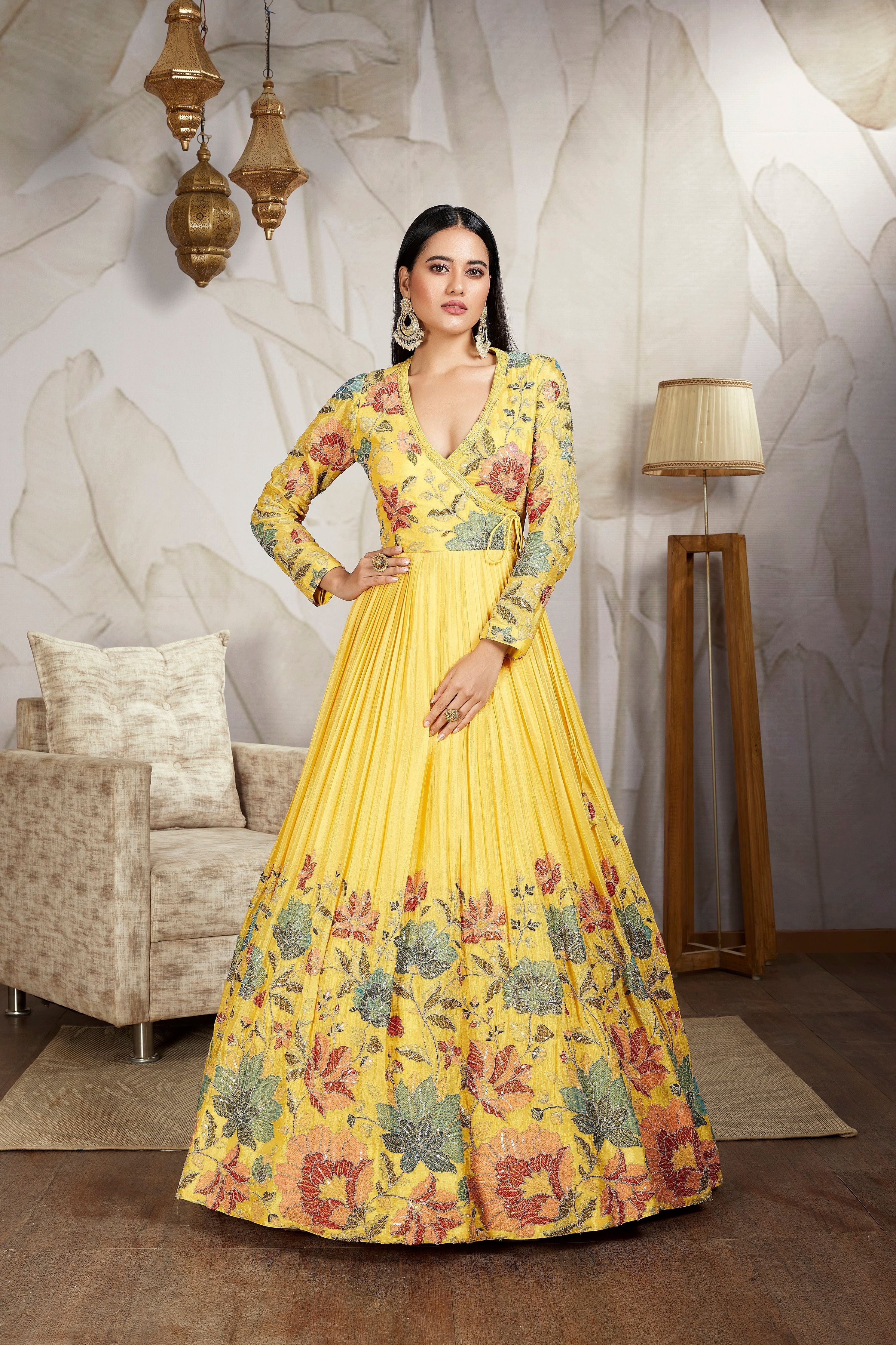 Sunshine Yellow Embroidered Raw Silk Gown - Mokshaa