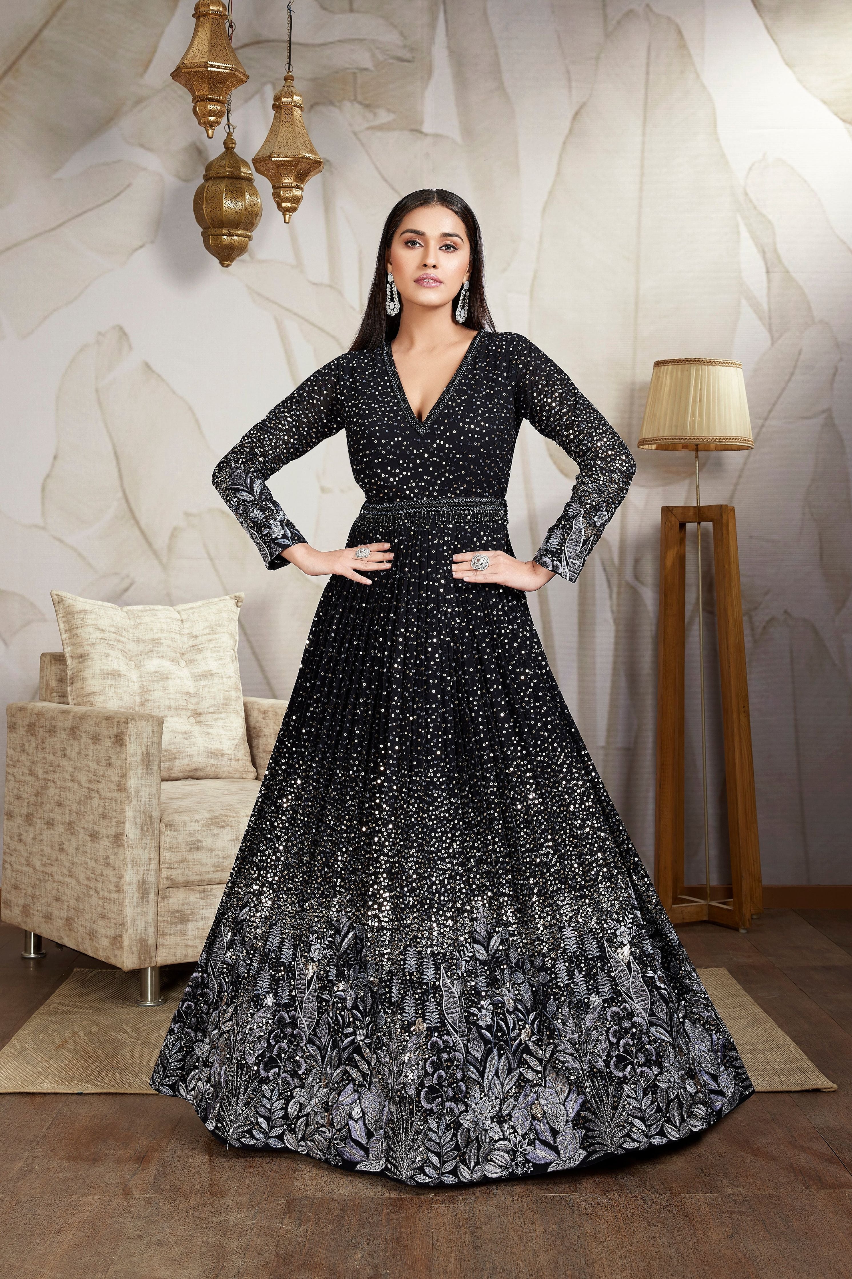 Midnight Black Sequin Embellished Italian Silk Gown - Mokshaa